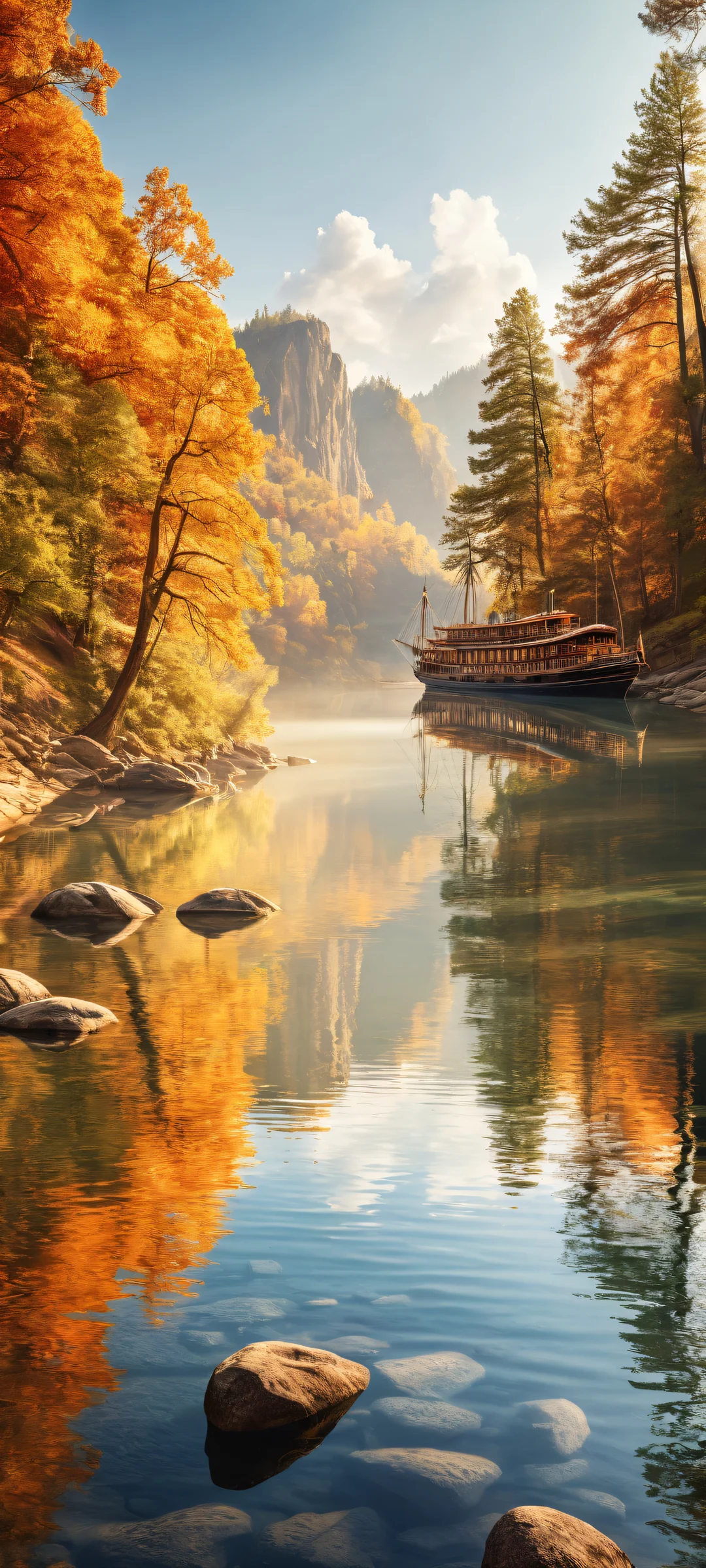 Riverboat Oasis Aesthetic Phone Wallpaper Majestic riverboat surrounded by ancient trees and weathered rocks on an iPhone or Android home screen. Perfectly optimized for iOS UI widgets.