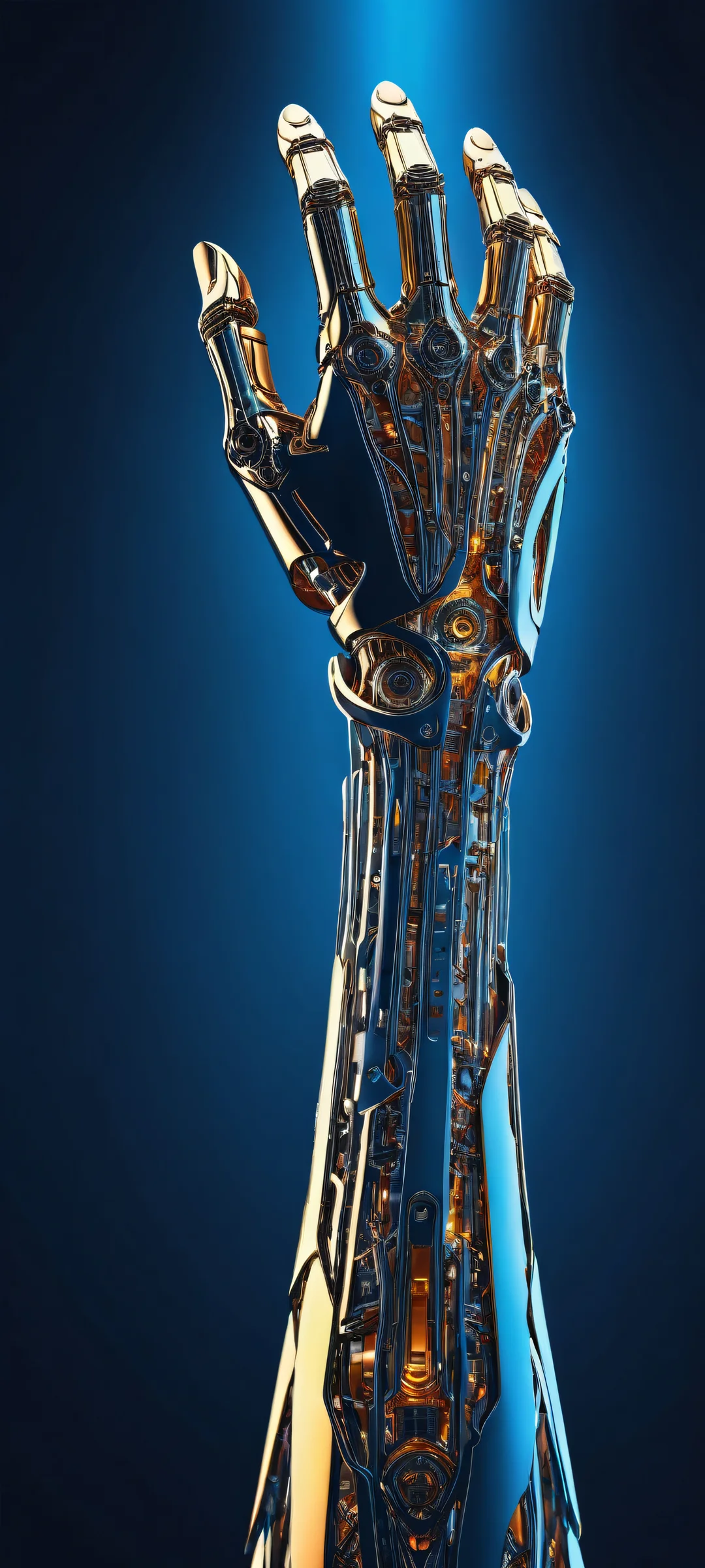 Stunning futuristic robot arm assembly artwork for iPhone and Android home screens, with intricate micro-details and ethereal LED lighting.