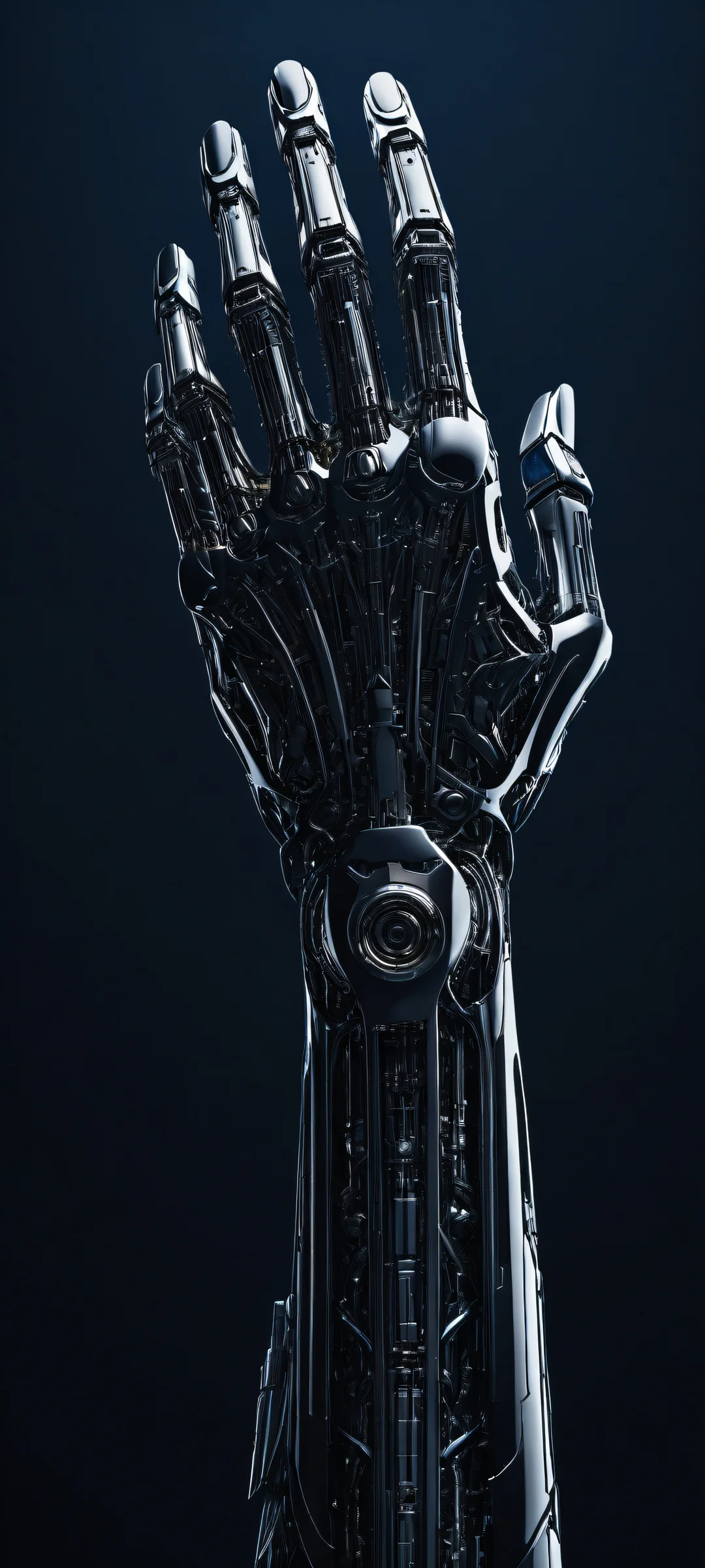 A futuristic robotic arm artwork with intricate details on a dark blue background, perfect for iPhone/Android home screens.