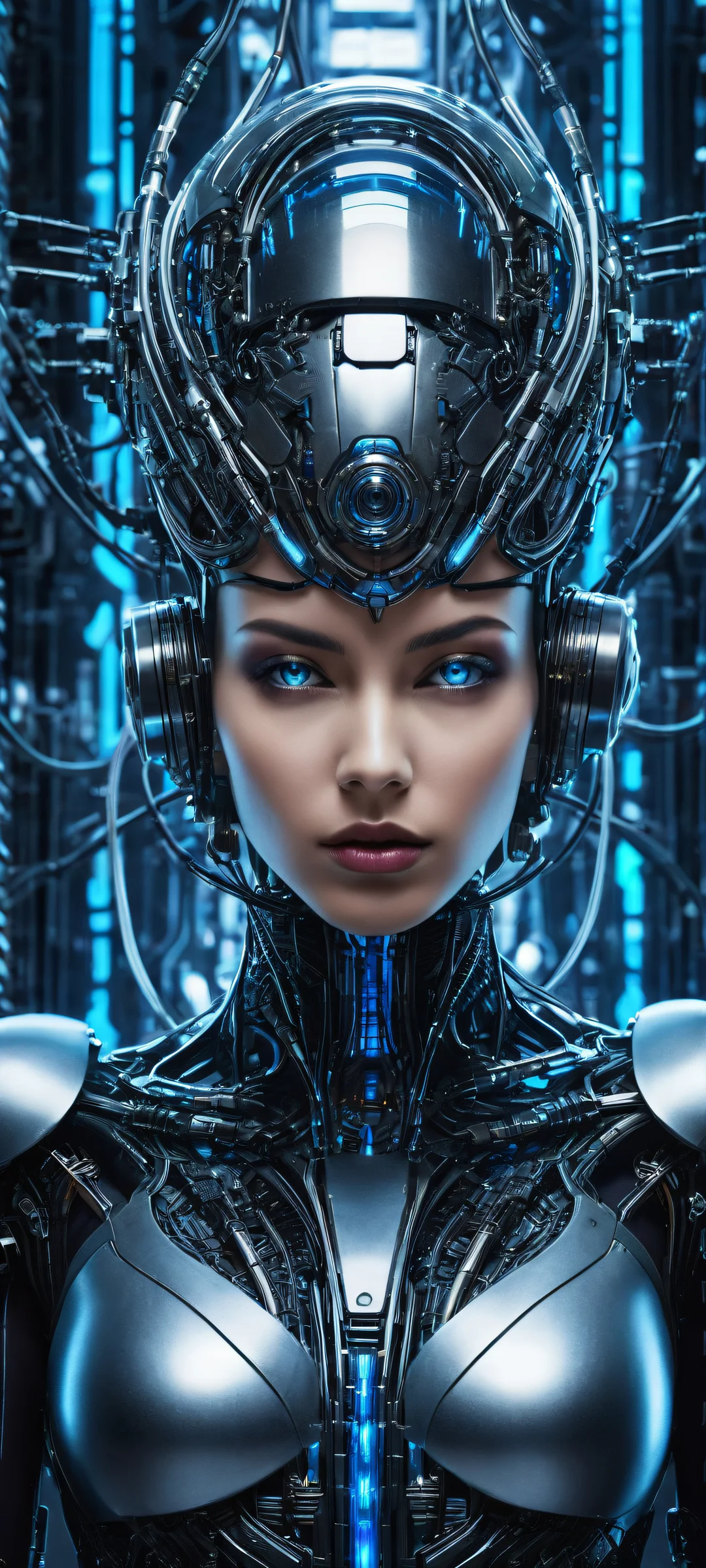 iPhone/Android compatible wallpaper featuring a stunning portrait of Robot Girl surrounded by futuristic machinery and glowing circuits.