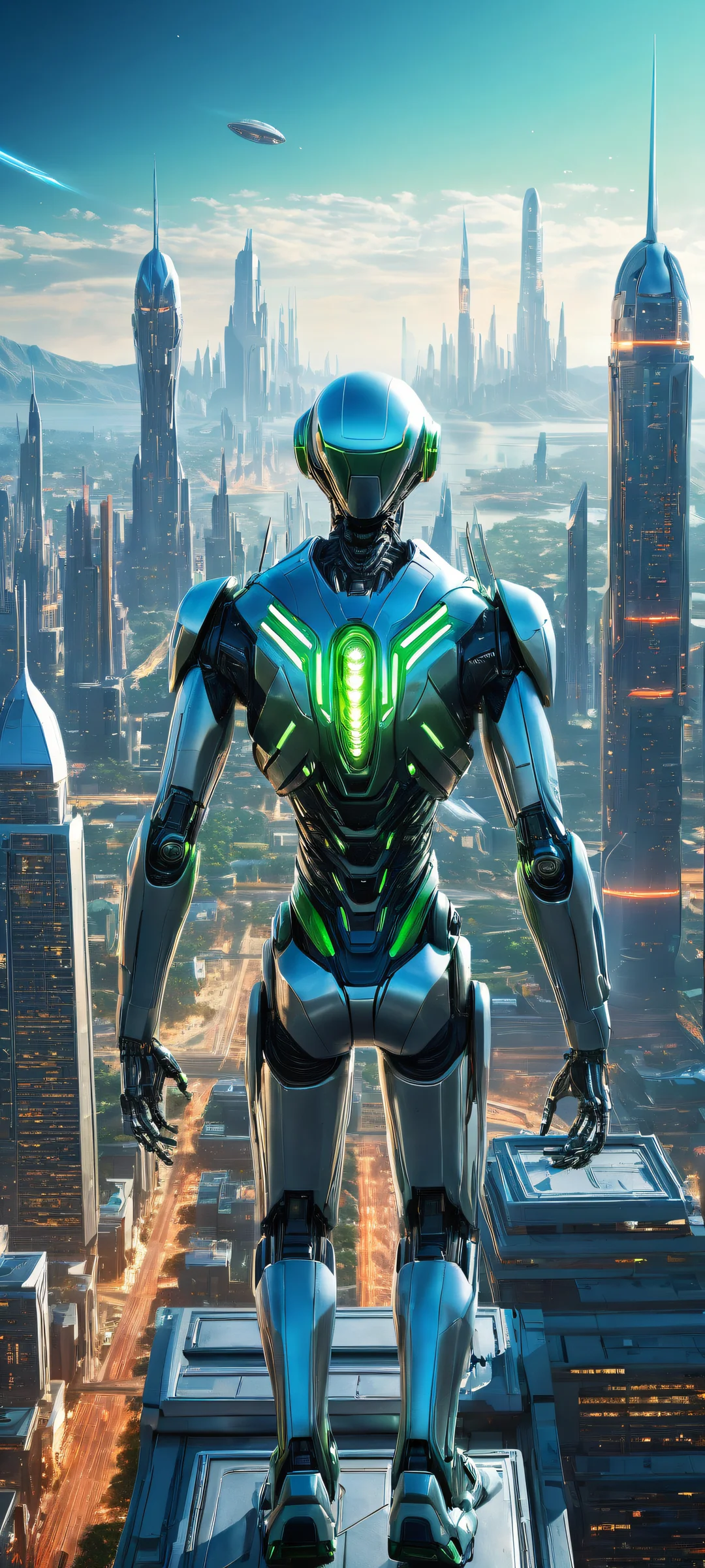 A futuristic cityscape with robots and aliens, perfectly optimized for iPhone/Android home screens.