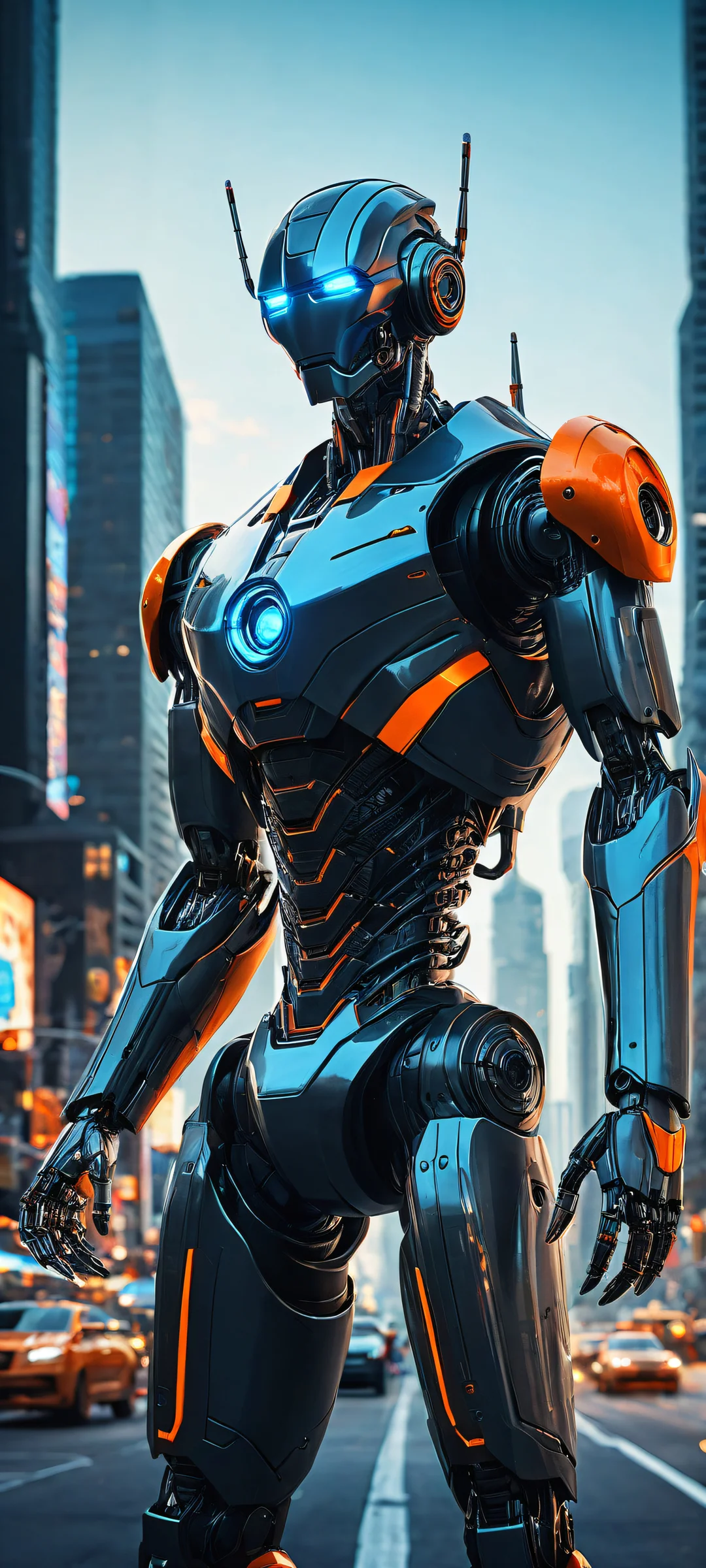 Breathtaking futuristic robot artwork on a pure void background with a neon-lit cityscape, optimized for iPhone and Android home screens.