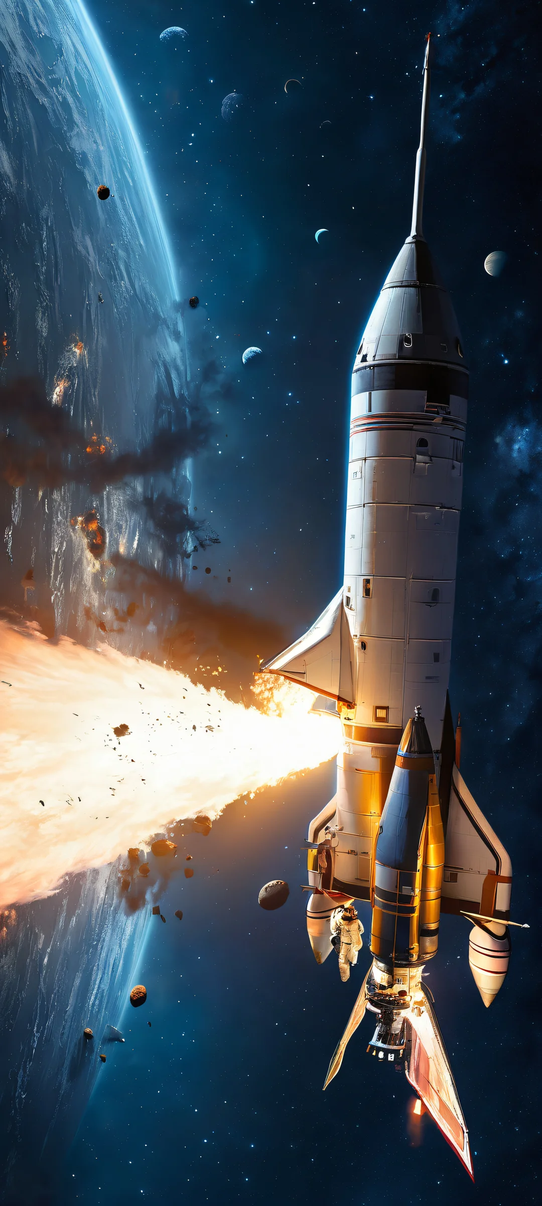 Ethereal rocket ship soaring through the night sky with radiant blues and grays, iPhone に完全に最適化, サムスンギャラクシー, と Android のホーム画面.