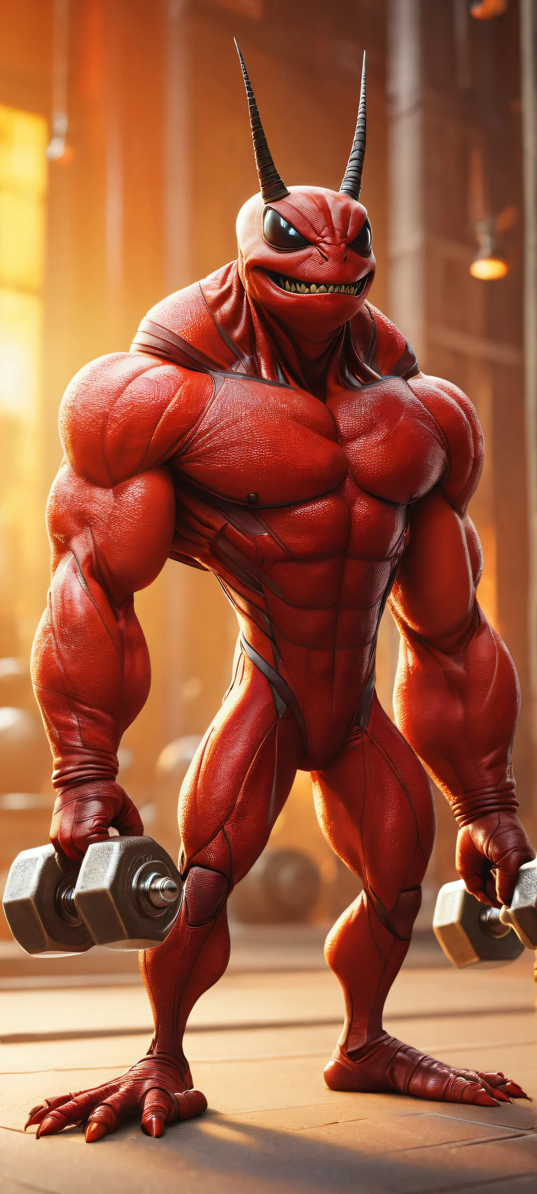 iPhone/Android user Rocky flexes his mandibles and places a tiny dumbbell on his chest, showcasing perfect form for a bug-sized workout. Perfectly optimized for iPhone, Samsung Galaxy, and Android home screens.