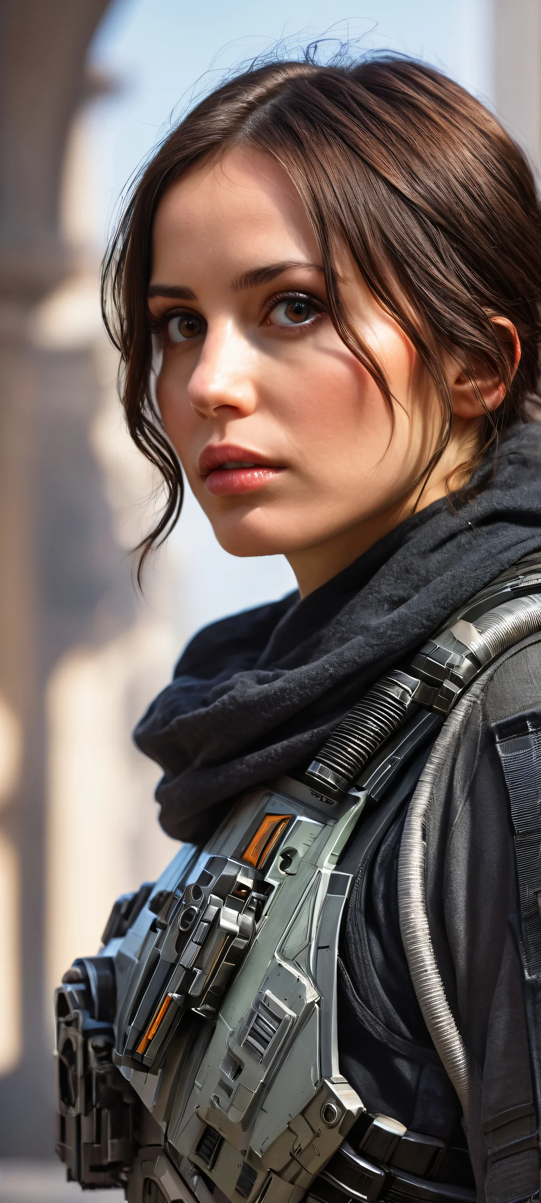 Rogue One character with iconic blaster and armor, mitad superior perfectamente limpia para la interfaz de usuario, against a cinematic void background, optimized for iPhone/Android home screens.