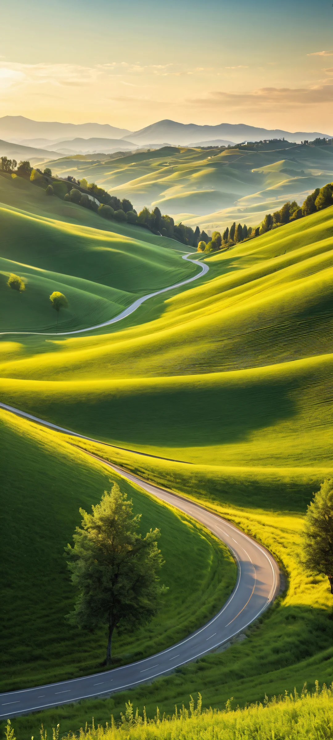Serene landscape of rolling hills and roads set against a pure void, perfectly optimized for iPhone/Android home screens.