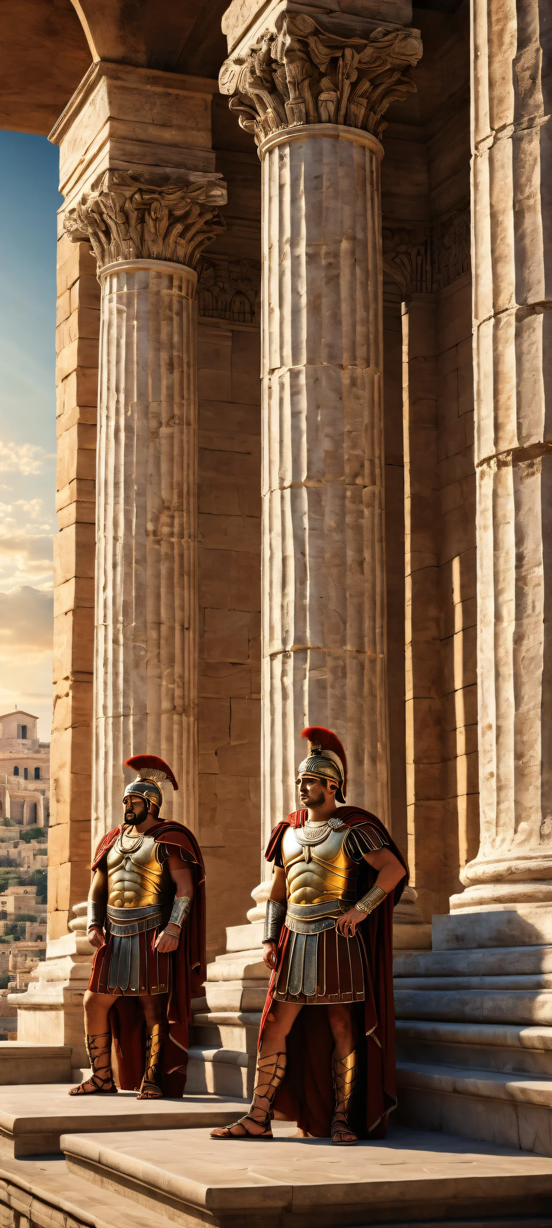 A breathtaking digital artwork of Roman centurions against the backdrop of an ancient cityscape on iPhone/Android devices.