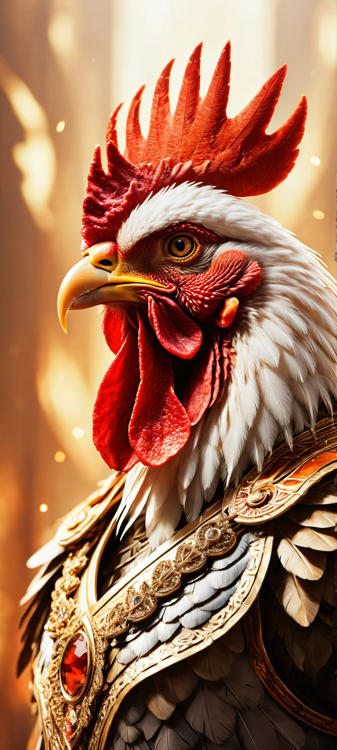 Rooster Fighter portrait on iPhone/Android device, with intricate details and bright colors