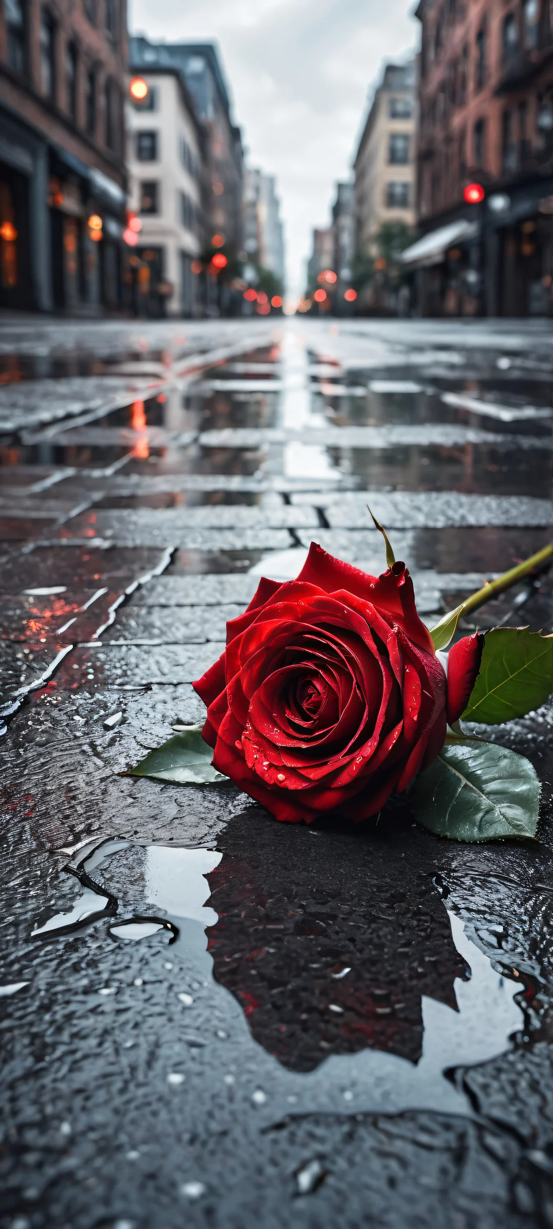 A crimson red rose sits on a wet cracked pavement amidst scattered petals and a crumpled handwritten letter. Perfecto para pantallas de inicio de iPhone/Android.