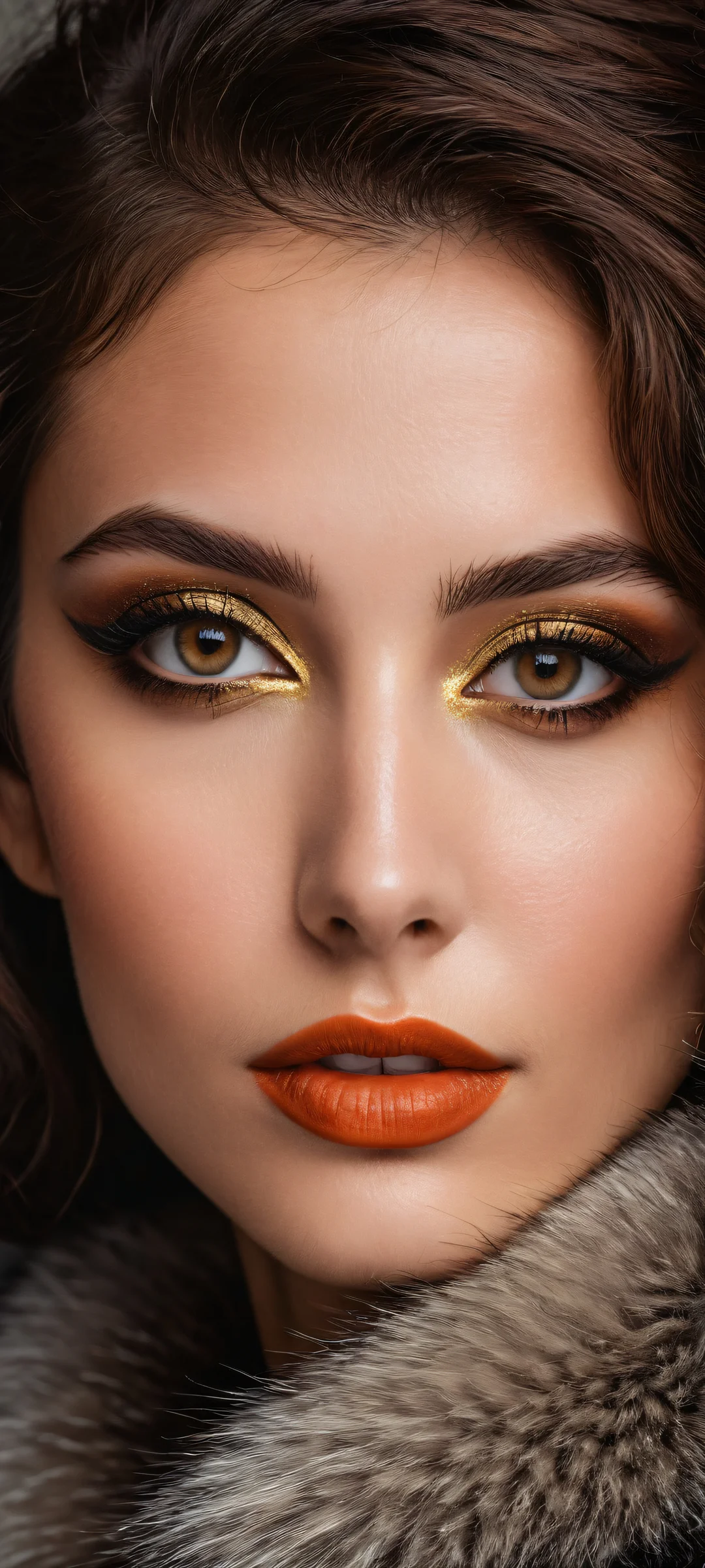 A breathtaking vertical portrait of Roxanne with intricate details and stunning black eyes on a dark mode background, perfect for iPhone/Android home screens.