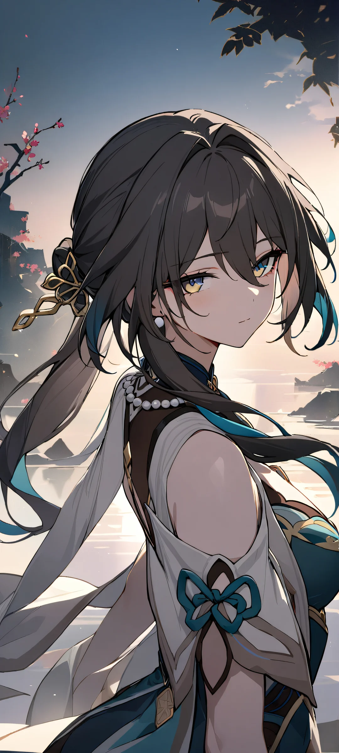 A stunning portrait of Ruan Mei from Honkai: Star Rail, looking directly at the viewer on an iPhone or Android device.