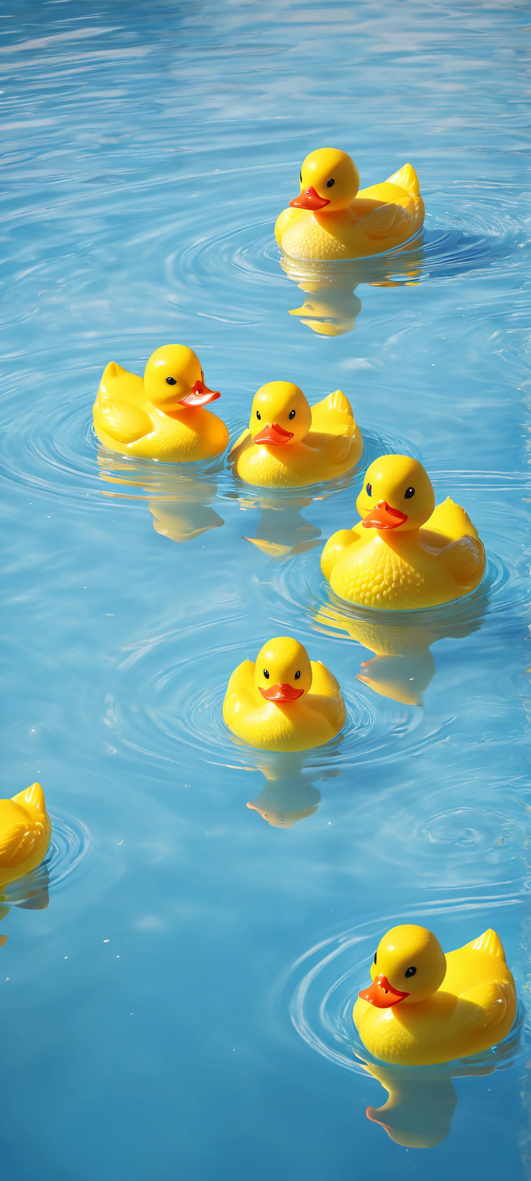 Rubber Ducky Serenity 2K Phone Wallpaper A group of adorable rubber duckies on a serene gradient blue background for iPhone and Android screens.