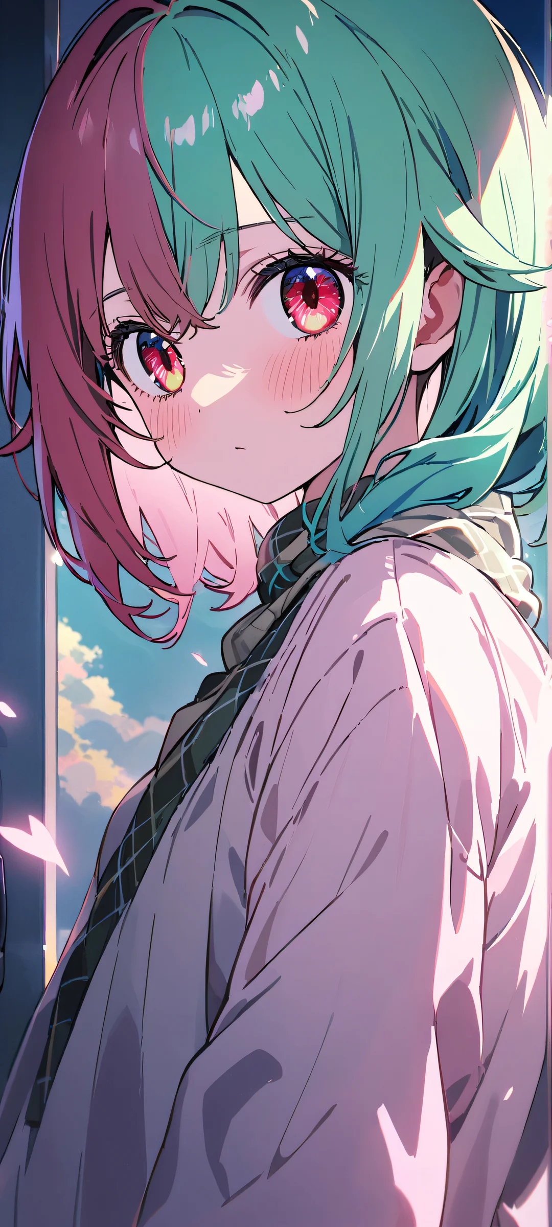 Beautiful portrait of Ruby Hoshino from Oshi no Ko looking directly at the viewer on an iPhone or Android device.