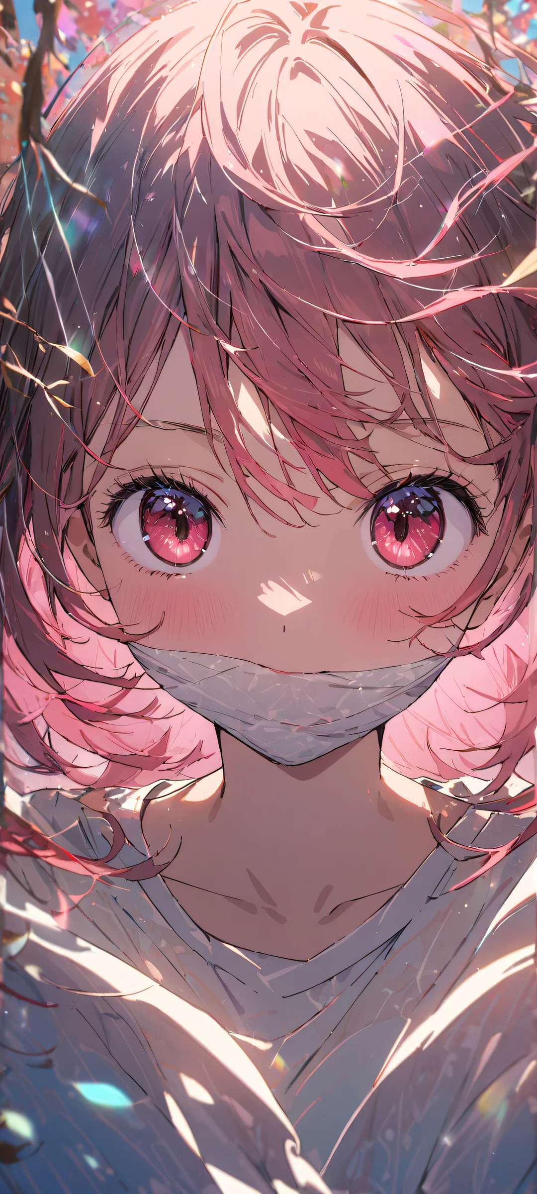 A beautiful solo portrait of Ruby Hoshino from Oshi no Ko, looking directly at the viewer with a whimsical gaze on an iPhone/Android phone background.