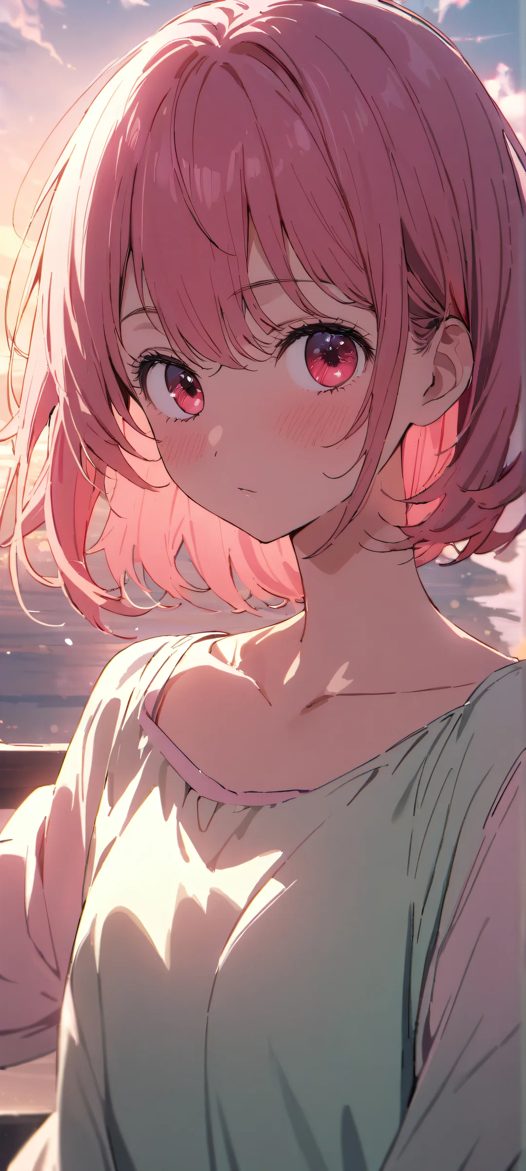 A stunning portrait of Ruby Hoshino from Oshi no Ko, looking directly at the viewer on an iPhone or Android device, with a bright and airy background.