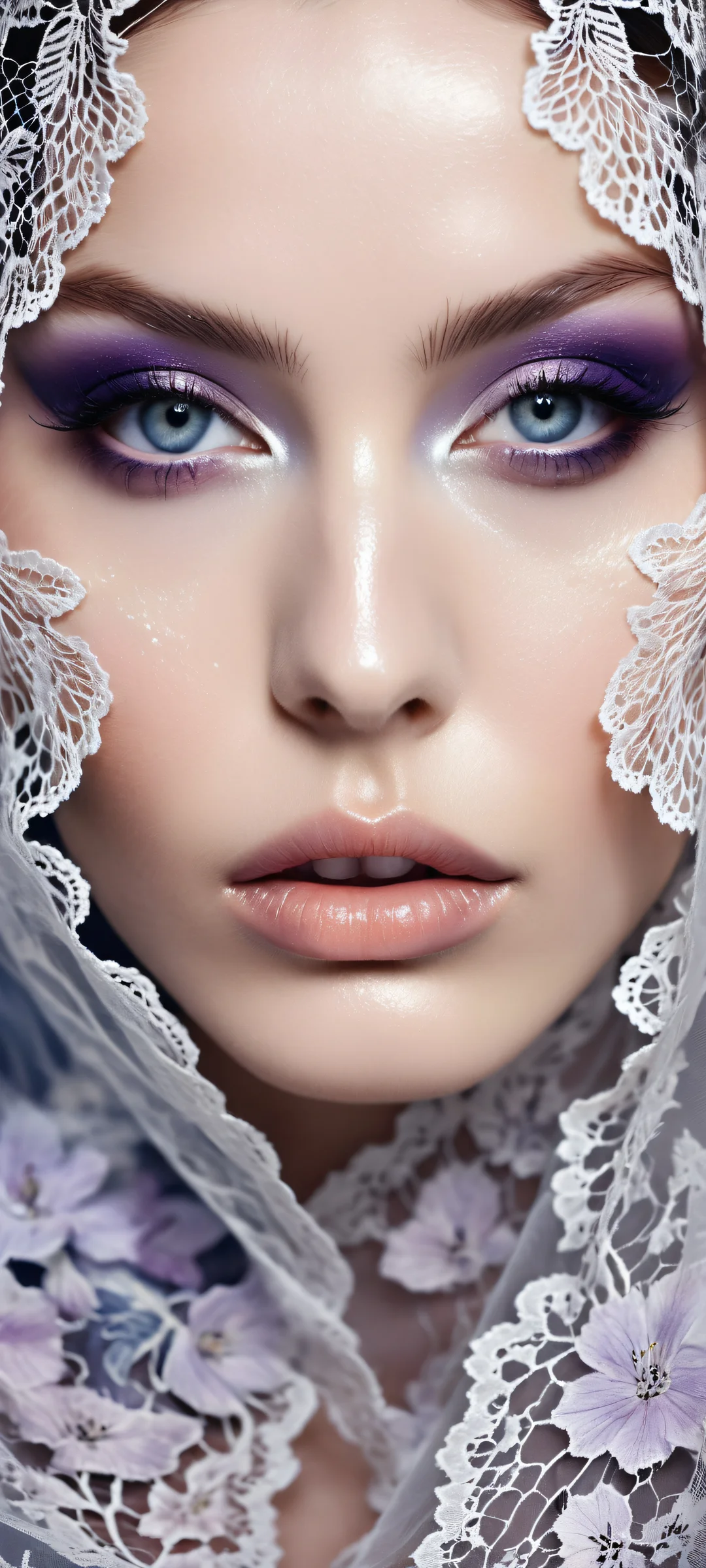 A mysterious figure in a black lace veil surrounded by floral patterns, perfectly optimized for iPhone and Android home screens.