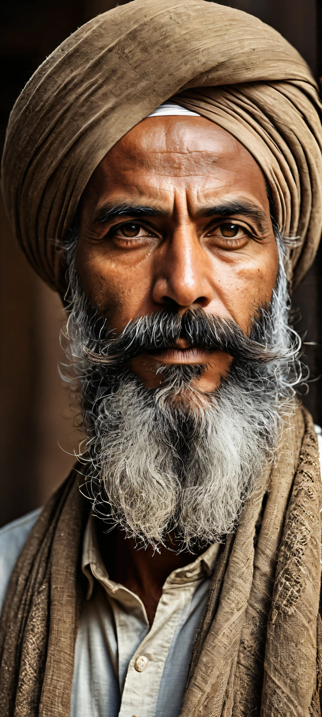 A stunning vertical portrait of a rugged individual with intricate details on his beard and turban, perfectly optimized for iPhone/Android home screens.