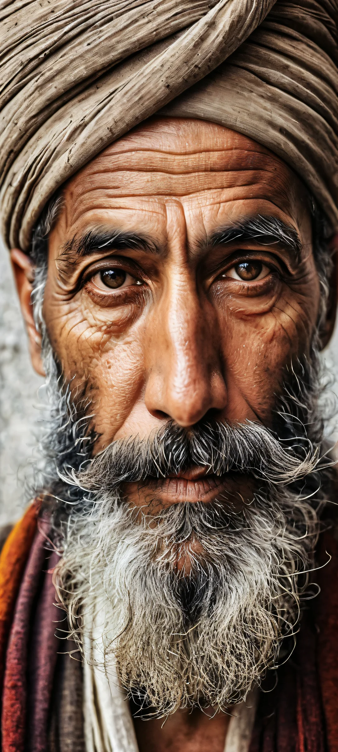 A weathered man in the lower-middle with intricate details on his beard and mustache, surrounded by a vast pure void, perfekt optimiert für das iPhone, Samsung Galaxy, und Android-Startbildschirme.