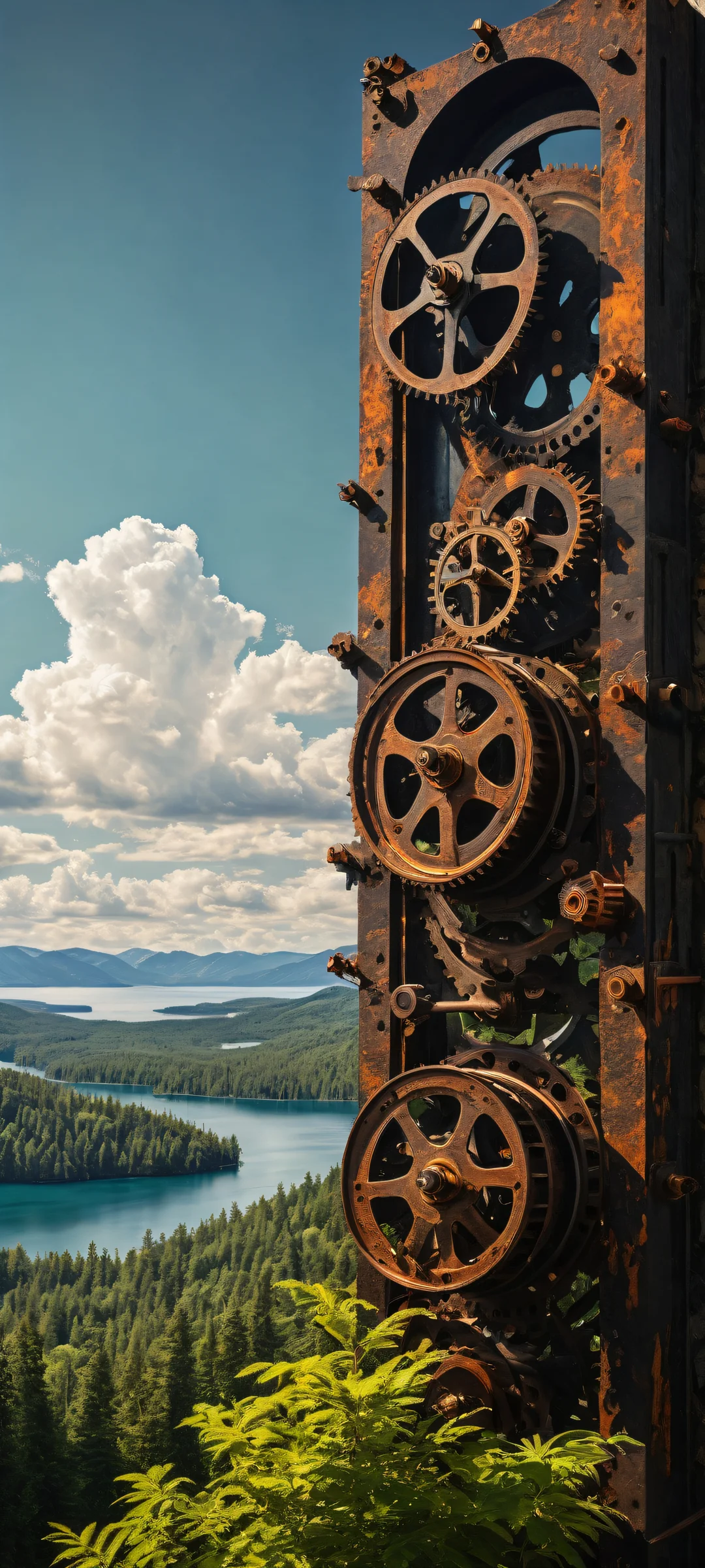 iPhone/Android friendly vertical portrait artwork of a rusty mechanism in a lush summer setting. Perfect for customizing your mobile home screen.