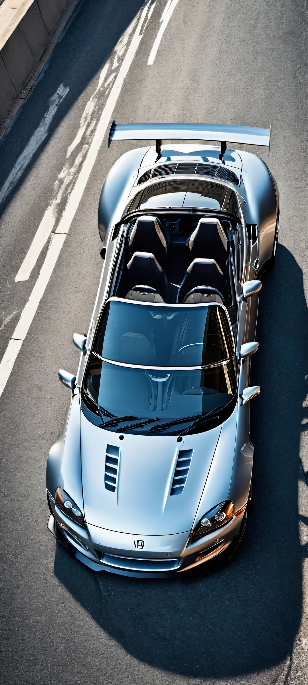 Breathtaking vertical portrait artwork of Honda S2000 placed in the lower-middle, featuring perfect details and contrast between sleek car design and pure void, suitable for iPhone/Android.