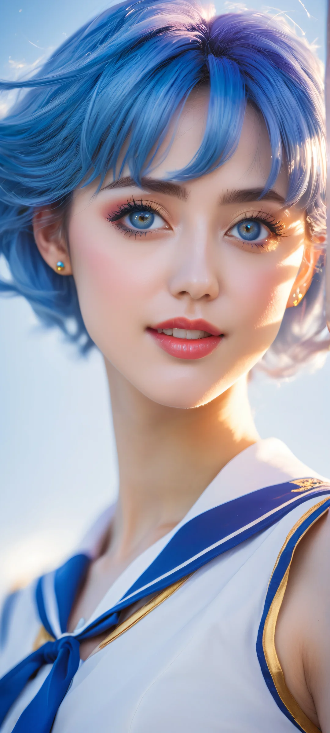 Beautiful portrait of Sailor Mercury with radiant smile and blue hair on iPhone/Android