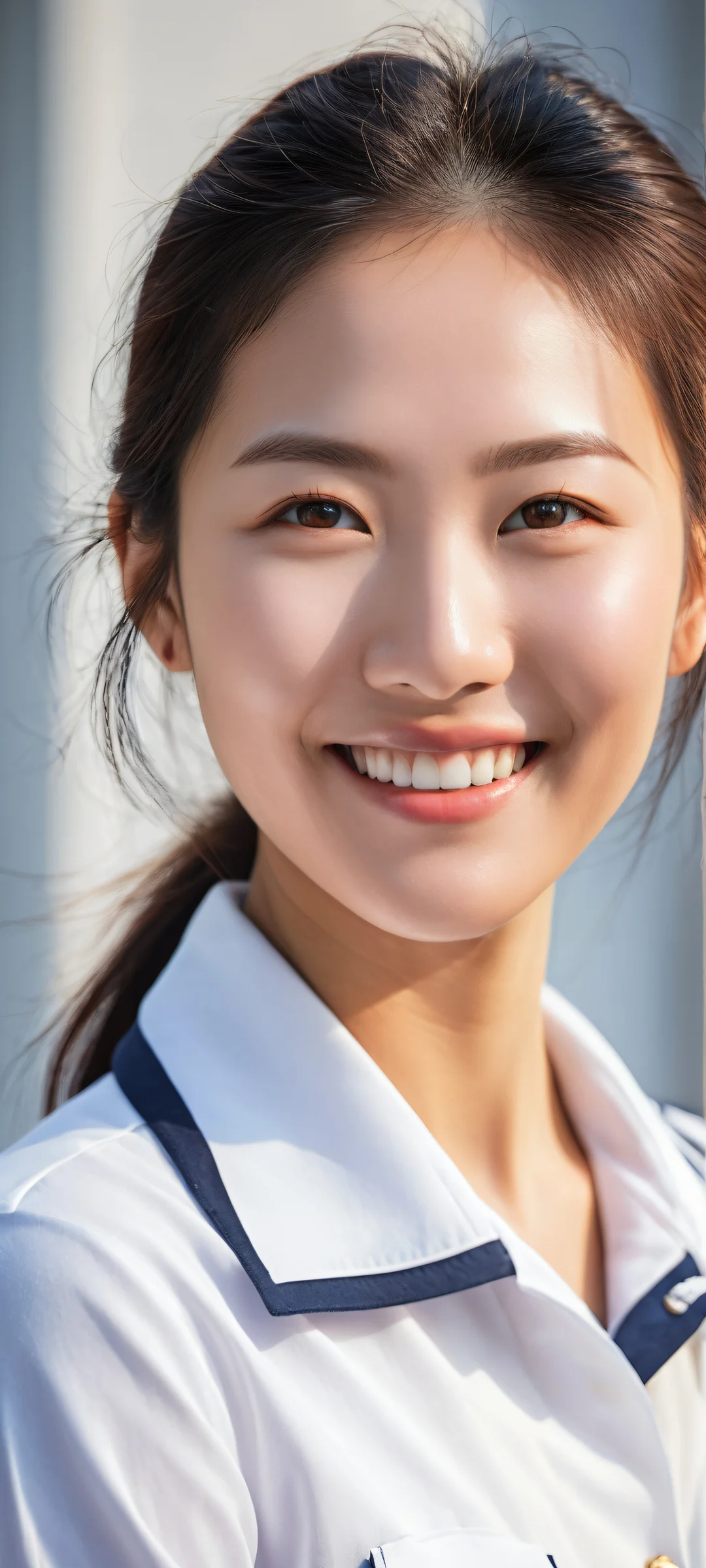A smiling Asian woman wearing a sailor school uniform, perfectly optimized for iPhone and Android home screens.