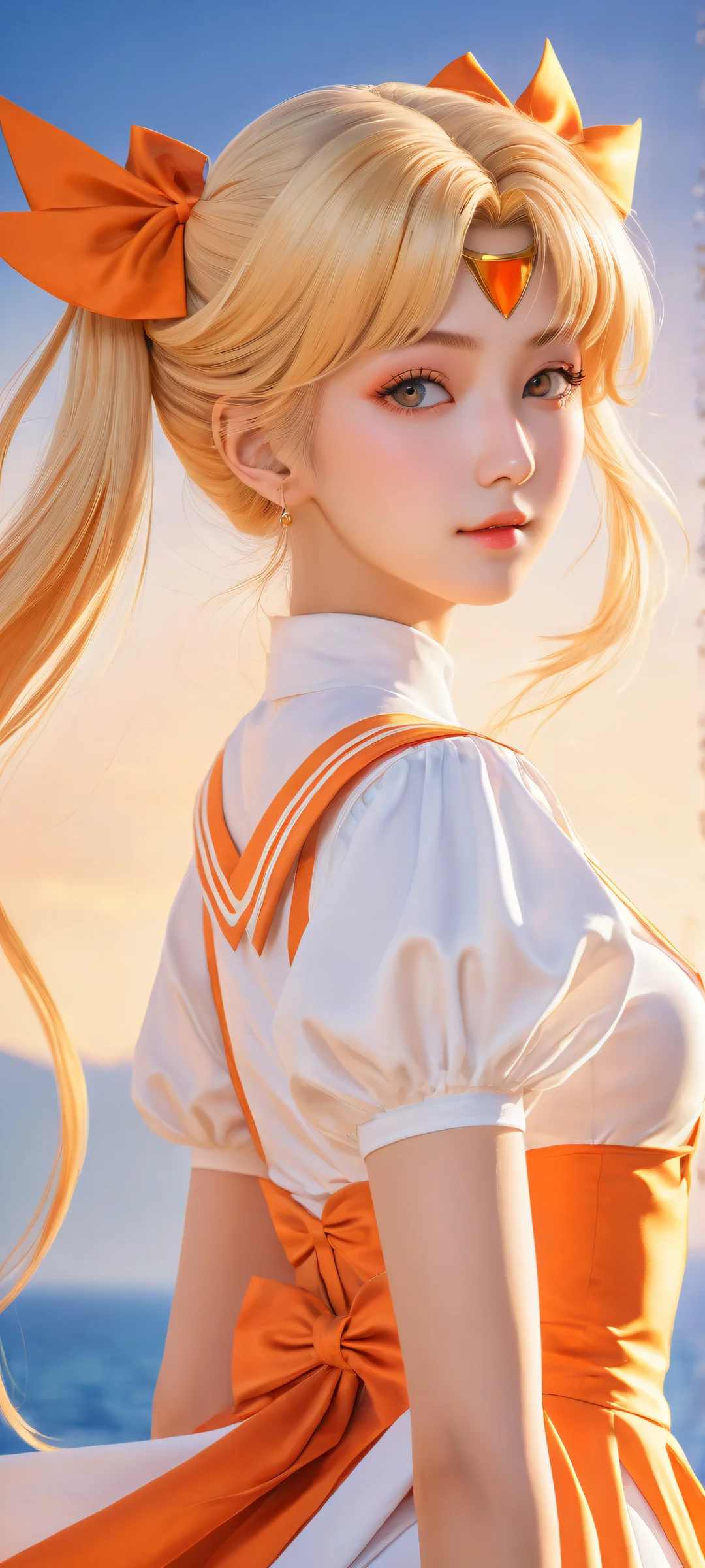 A stunning portrait of Sailor Venus on a cosmic background with micro-details on her iconic hairstyle, perfectly optimized for iPhone/Android home screens.