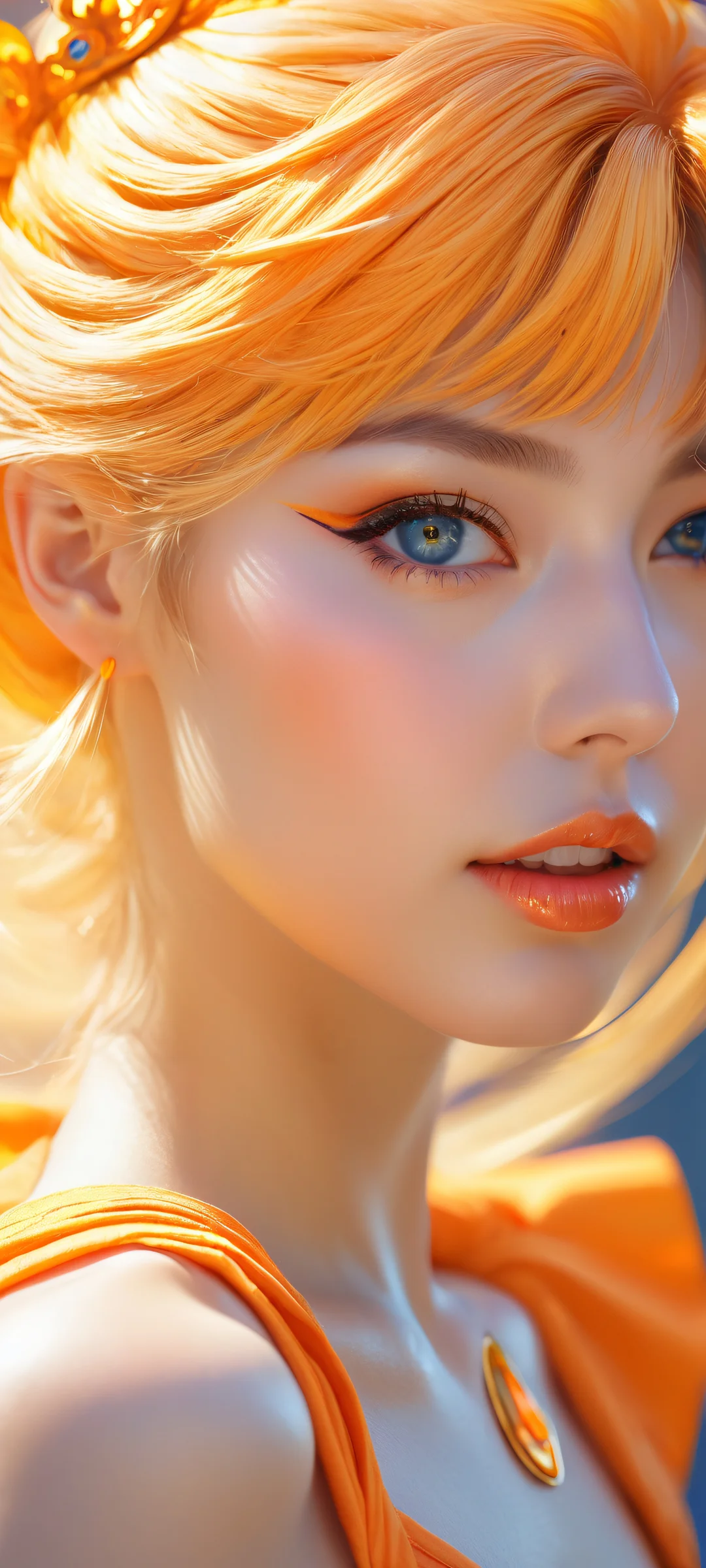 Serenity of Sailor Venus Lock Screen for iOS & Androide A breathtaking portrait of Sailor Venus placed in the lower-middle on an iPhone or Android device, with micro-details and flawless clarity.