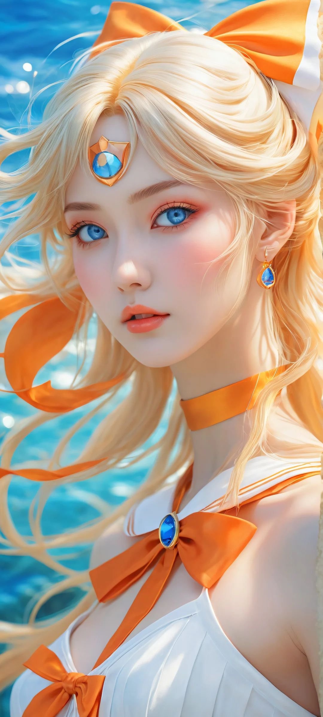 Sailor Venus gazing serenely in the depths of the ocean, iPhone and Android compatible wallpaper with vibrant colors and crisp details.