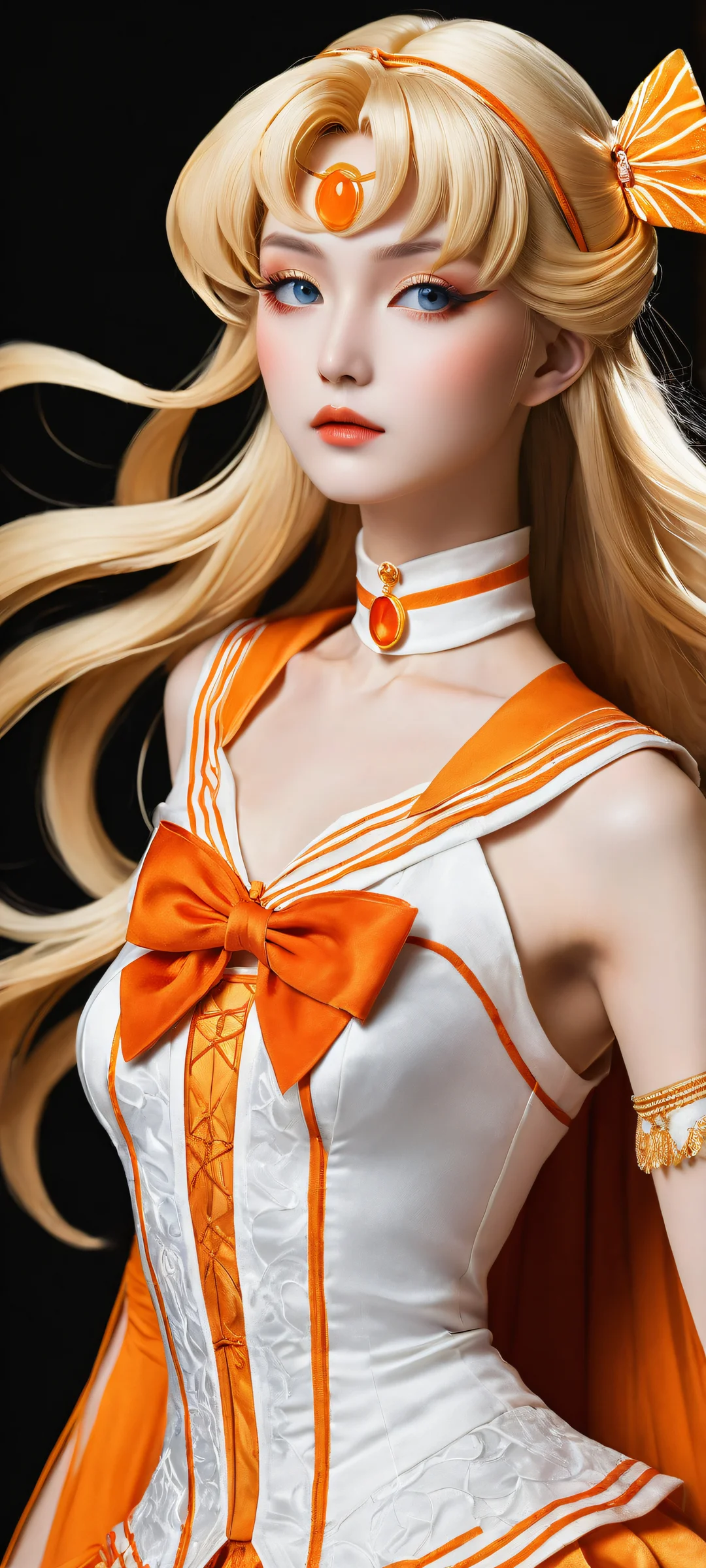 Breathtaking portrait of Sailor Venus on a black background with intricate details and elegant lighting, perfectly optimized for iPhone/Android home screens.