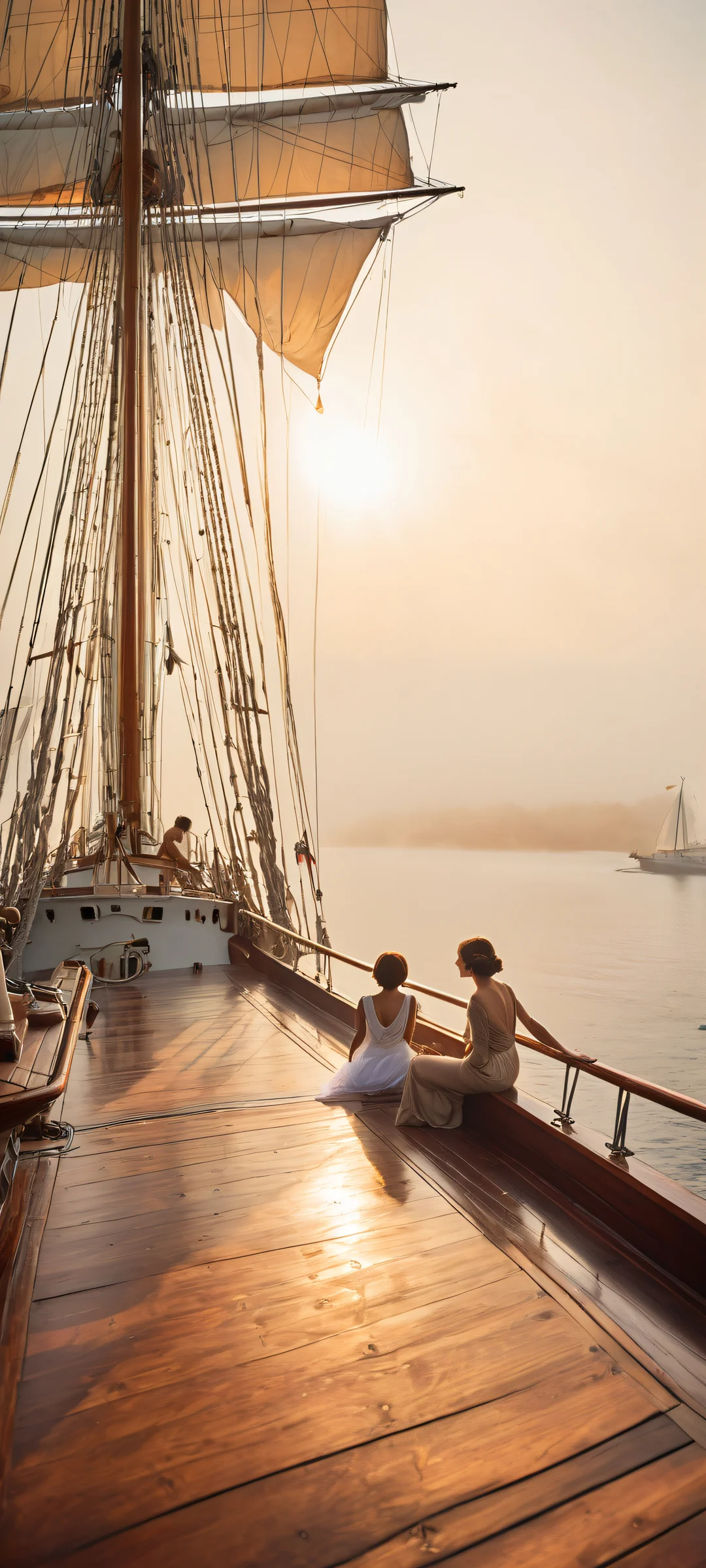 A young sailor and mermaid sit together on a ship's deck against a foggy sky, parfaitement optimisé pour les écrans d'accueil iPhone et Android.