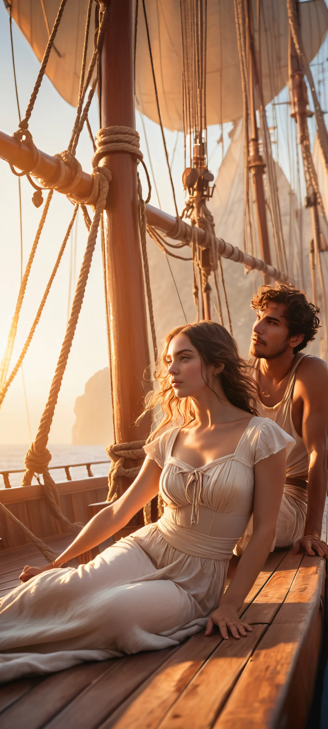 A young sailor and mermaid sitting together on a wooden ship deck against a foggy background, perfectly optimized for iPhone/Android home screens.