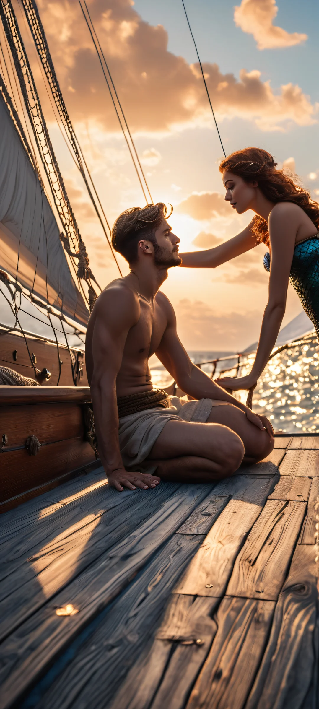 A serene moment between a young sailor and a mermaid on an iPhone or Android device, with perfectly clean and empty top half for UI.
