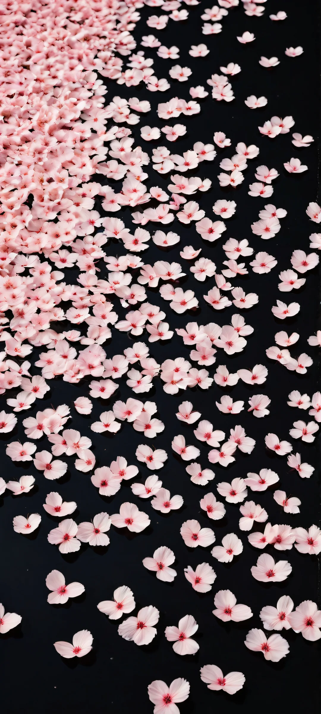 iPhone/Android wallpaper featuring delicate Sakura petals dancing in the wind against a simple black background with reflective floor.