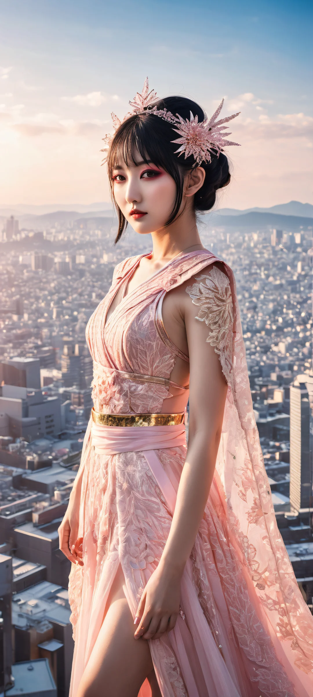 Portrait of Babymetal's Sakura Minamoto in a breathtaking cityscape with intricate details, perfectly optimized for iPhone and Android home screens.