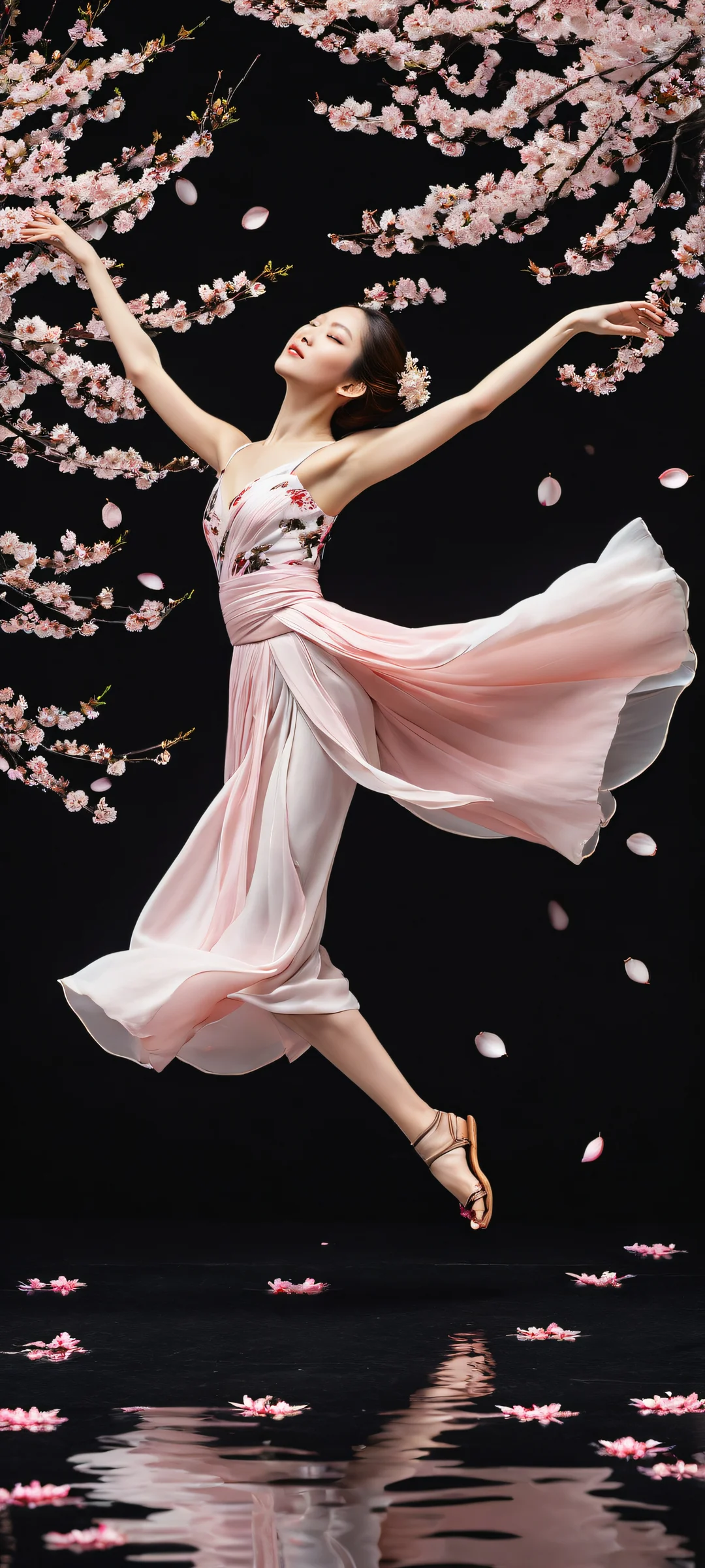 A stunning portrait of a girl dancing amidst cherry blossom petals on a pure black background, parfaitement optimisé pour les écrans d'accueil iPhone et Android.