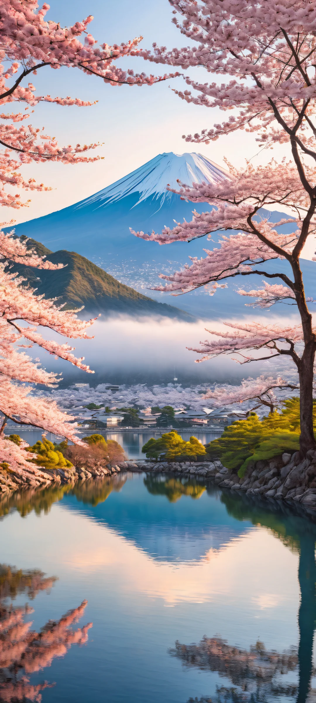 Sakura Serenade iPhone & Android Wallpaper A serene moonlit night with iPhone/Android optimized Sakura trees and majestic Mt. Fuji in the background.