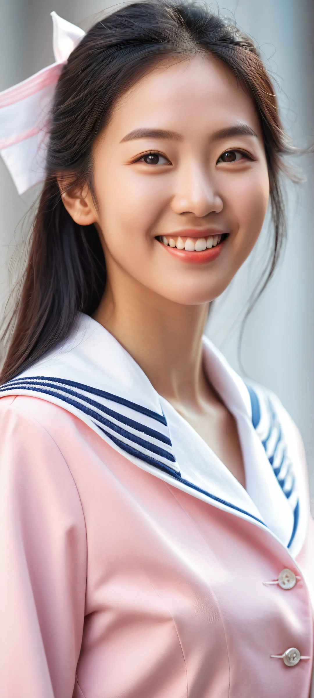 A stunning vertical portrait artwork of a smiling Asian woman in a sailor uniform on an iPhone or Android device, with a perfectly clean and smooth top half for seamless integration with UI widgets.