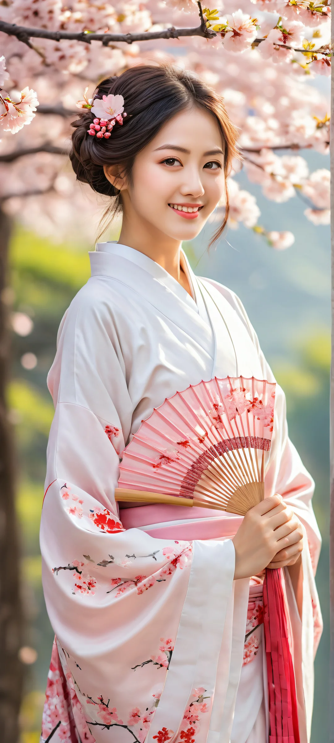 Anime girl looking back with a gentle smile while holding a hand fan against the backdrop of blooming cherry blossoms and lush greenery, perfectly optimized for iPhone/Android home screens.
