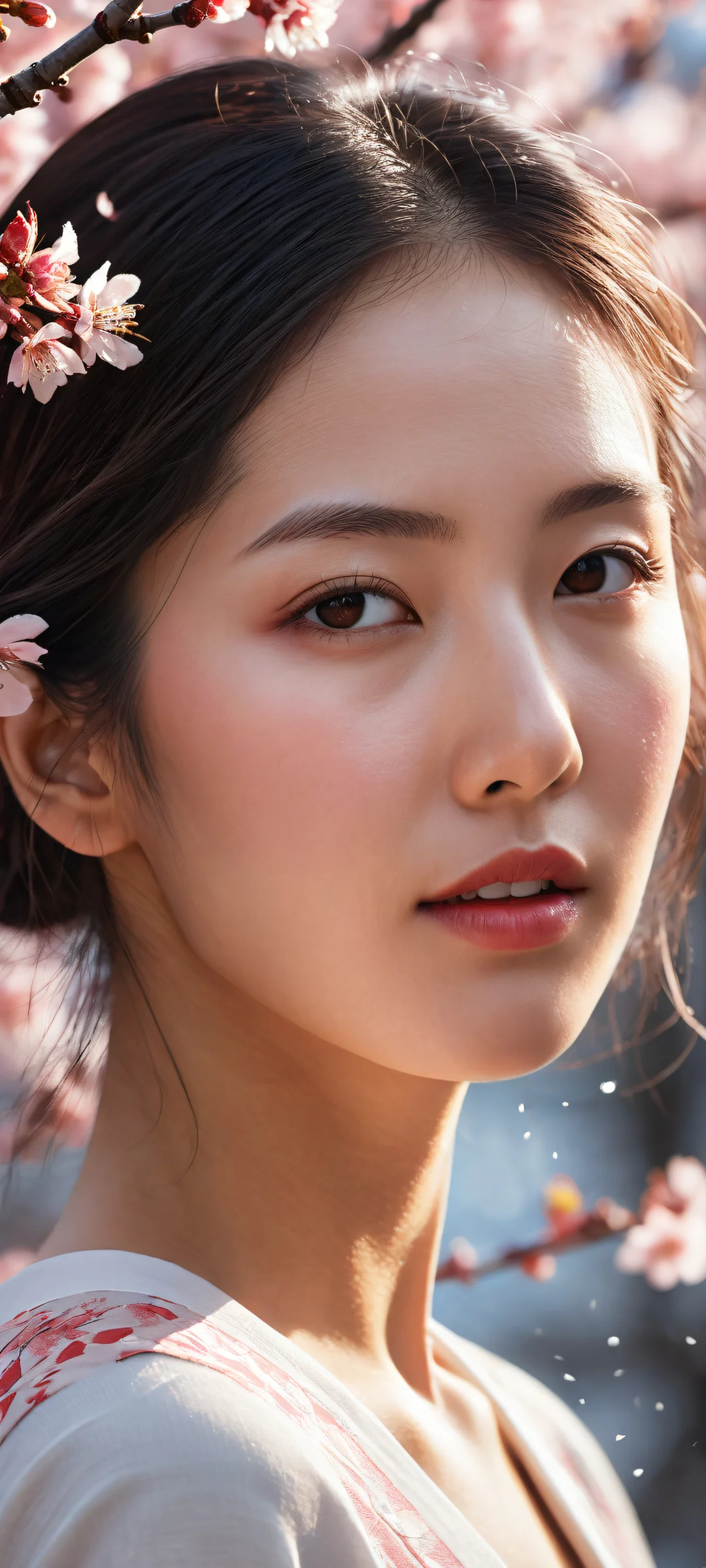 A serene portrait of a girl amidst a cherry blossom storm on iPhone/Android, perfect for home screens.
