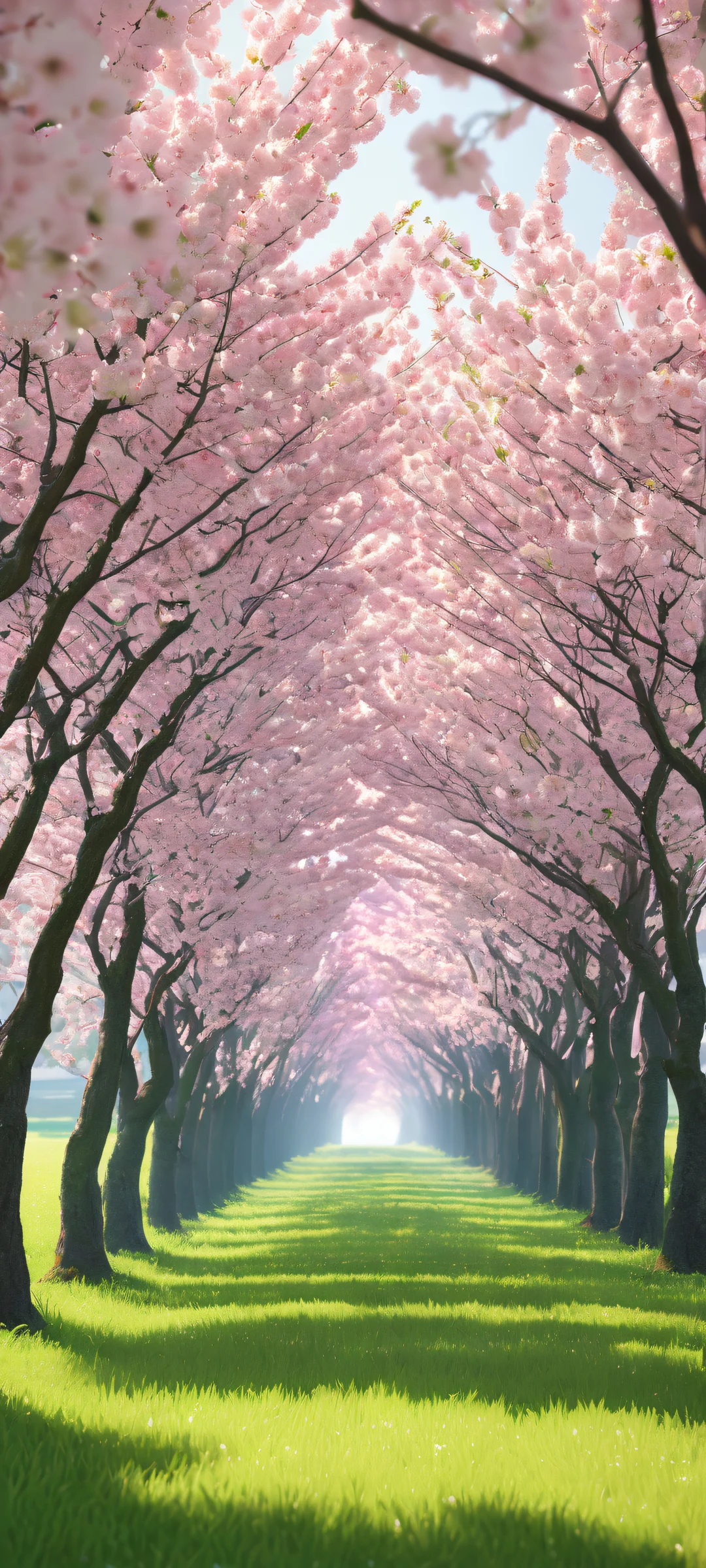 Ethereal portrait of cherry blossom trees on a pristine green grass field, perfekt optimiert für iPhone- und Android-Startbildschirme.