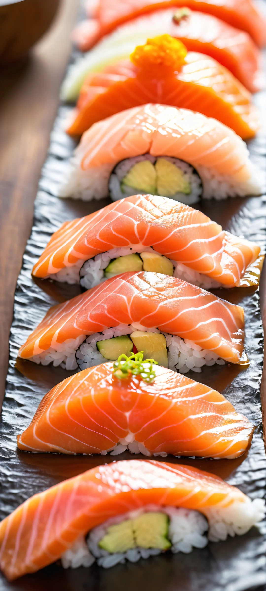 A beautifully composed portrait of a salmon sushi platter on iPhone/Android, with intricate micro-details and radiant colors.