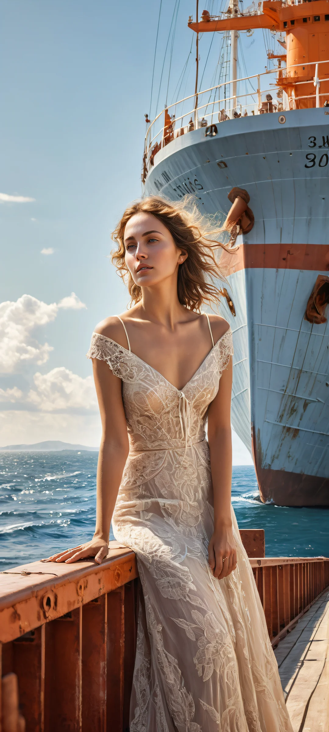 A serene mobile wallpaper featuring a woman standing on the bow of an abandoned freighter, iPhone and Android compatible.