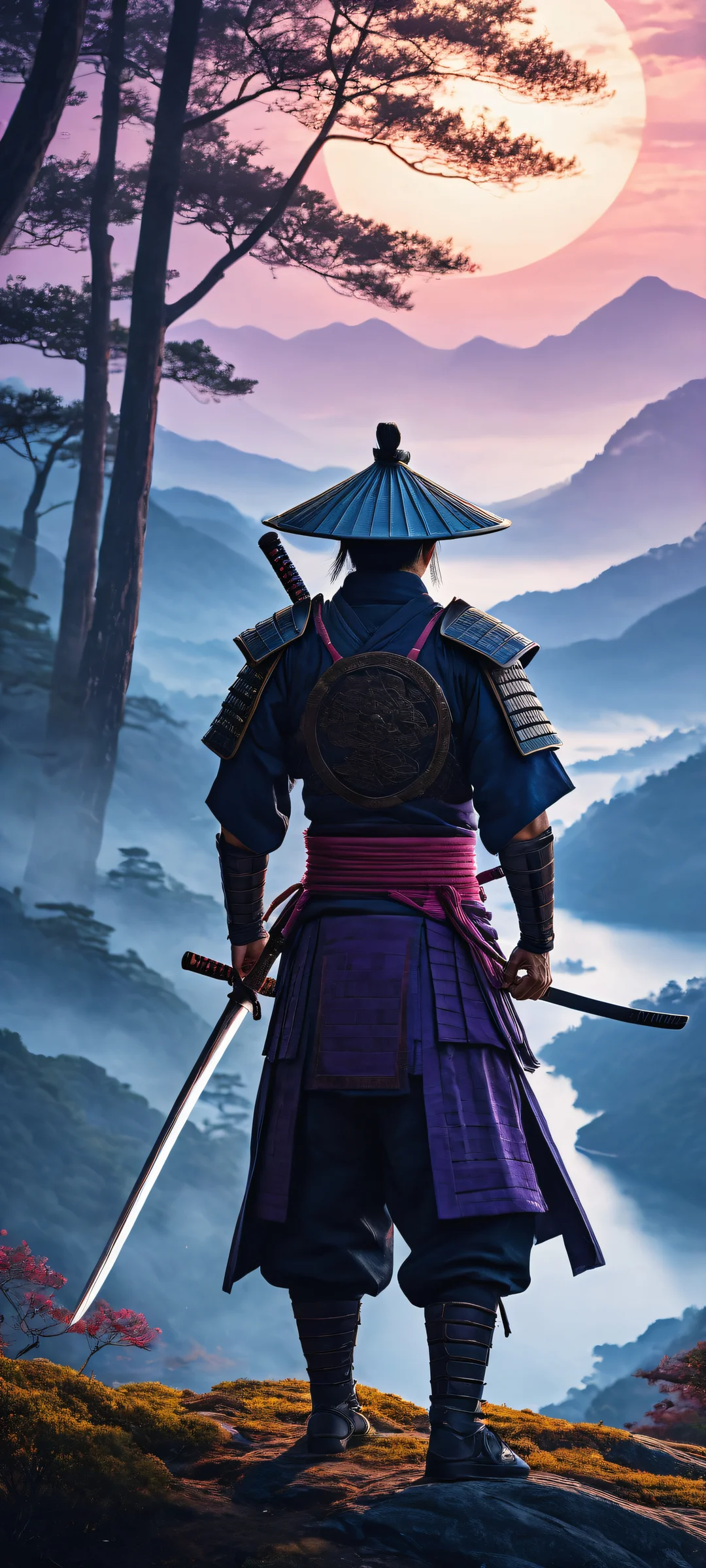 A breathtaking portrait of a samurai warrior on an iPhone/Android home screen, showcasing intricate details and ethereal lighting.