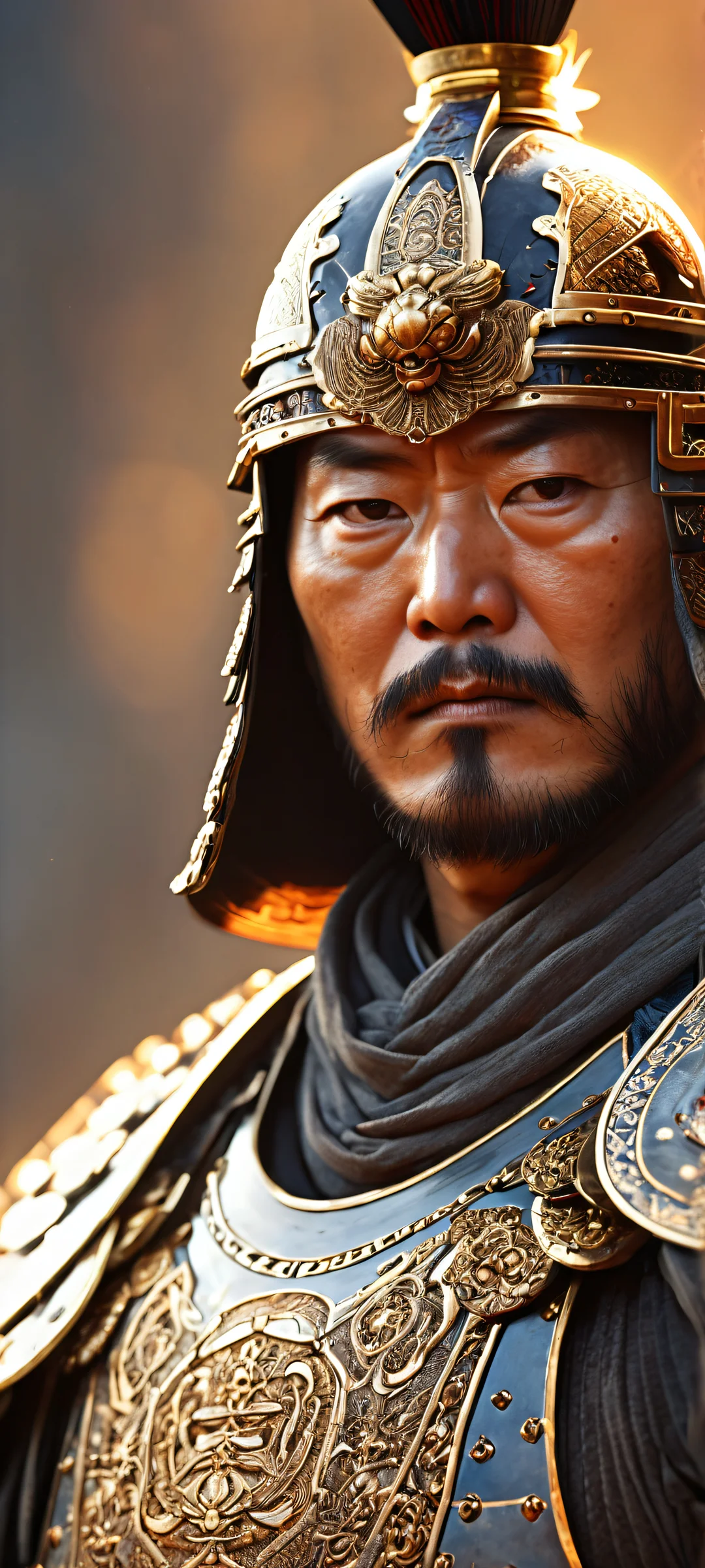 A dramatic portrait of Jin Sakai in samurai armor, iPhone and Android compatible, intense duel background with intricate details.