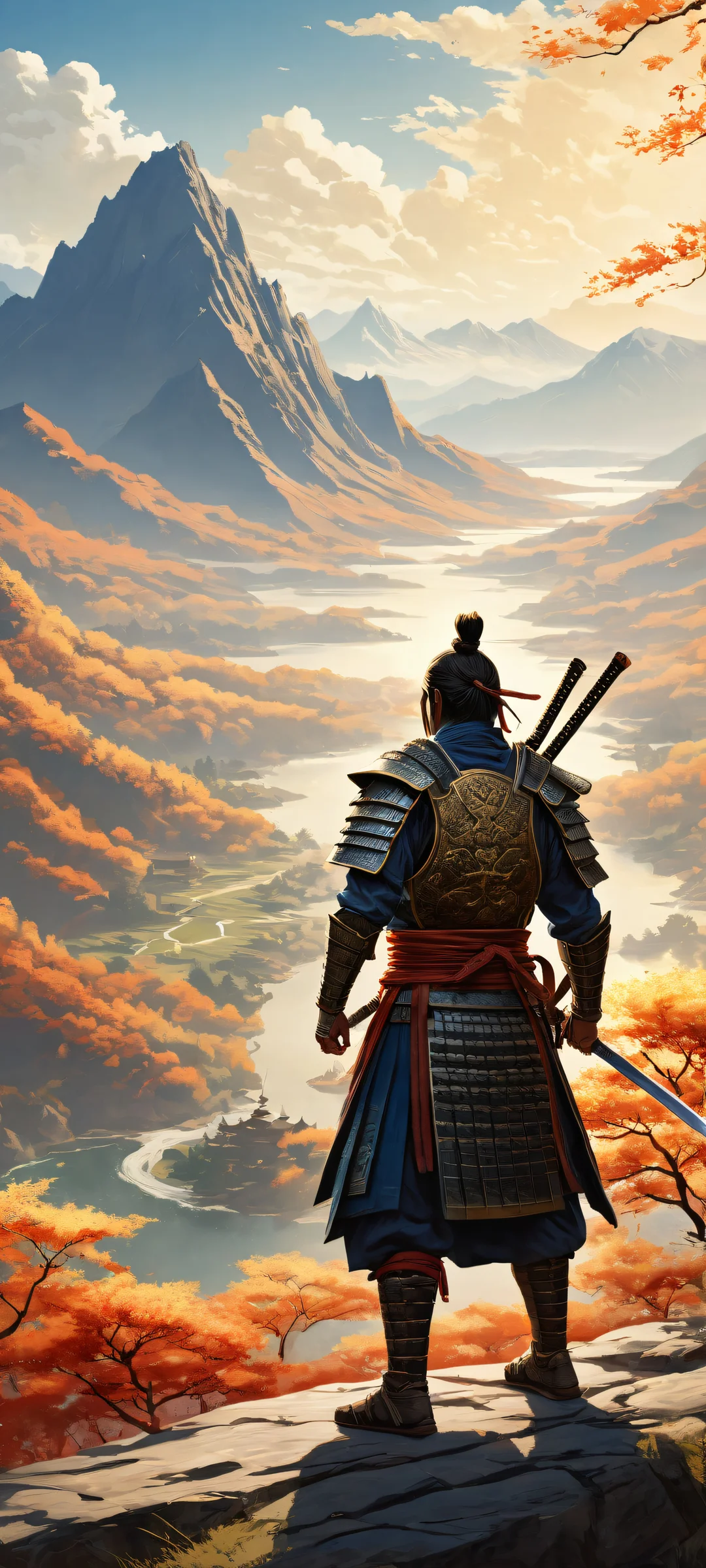 A stunning portrait of a samurai warrior amidst a breathtaking landscape, perfectly optimized for iPhone and Android home screens.
