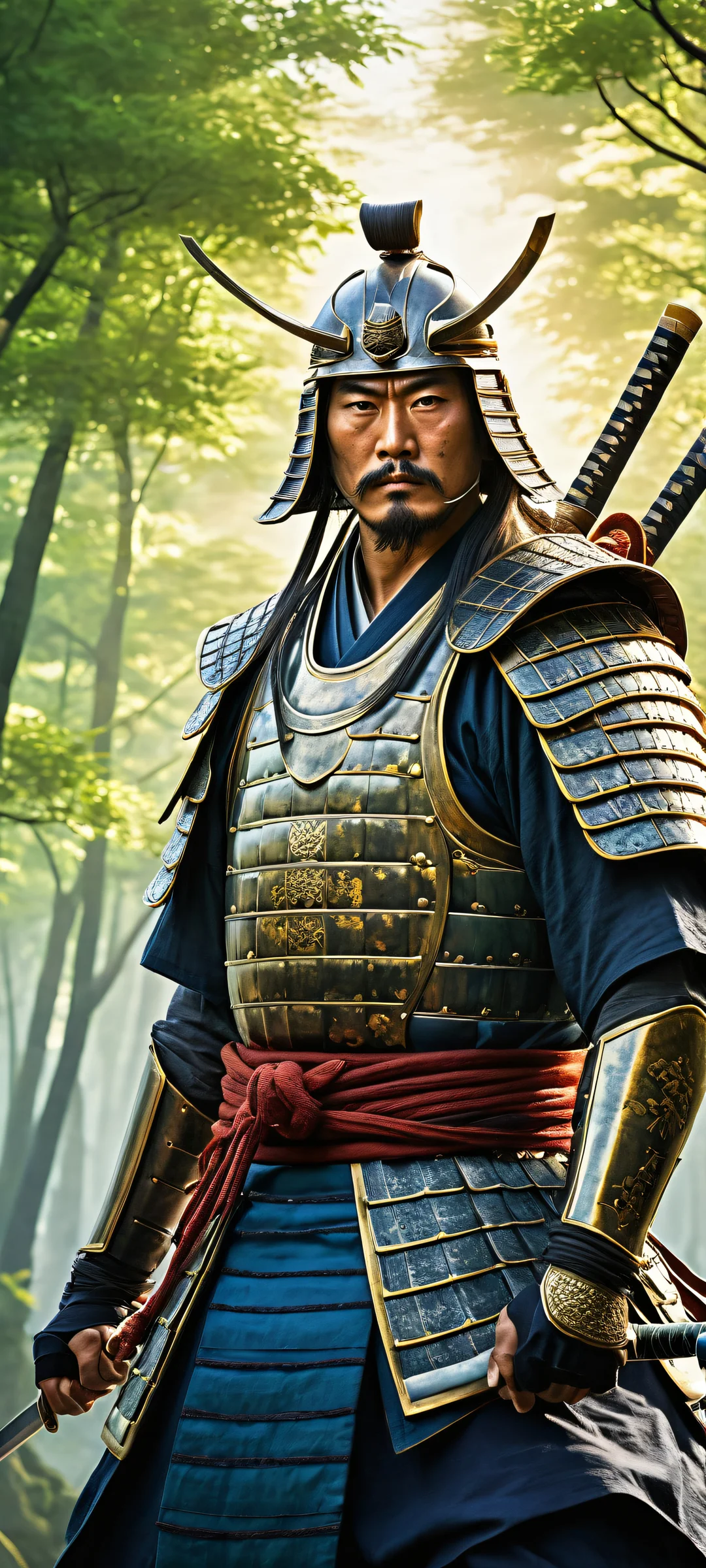 A majestic samurai warrior stands proudly on a serene blue background with lush greenery and intricate details. Perfect for iPhone/Android home screens.