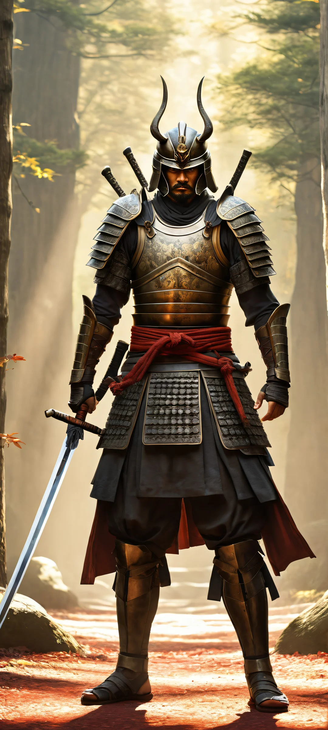 Portrait of a samurai warrior with intricate armor and surroundings. Perfekt für iPhone-/Android-Startbildschirme.