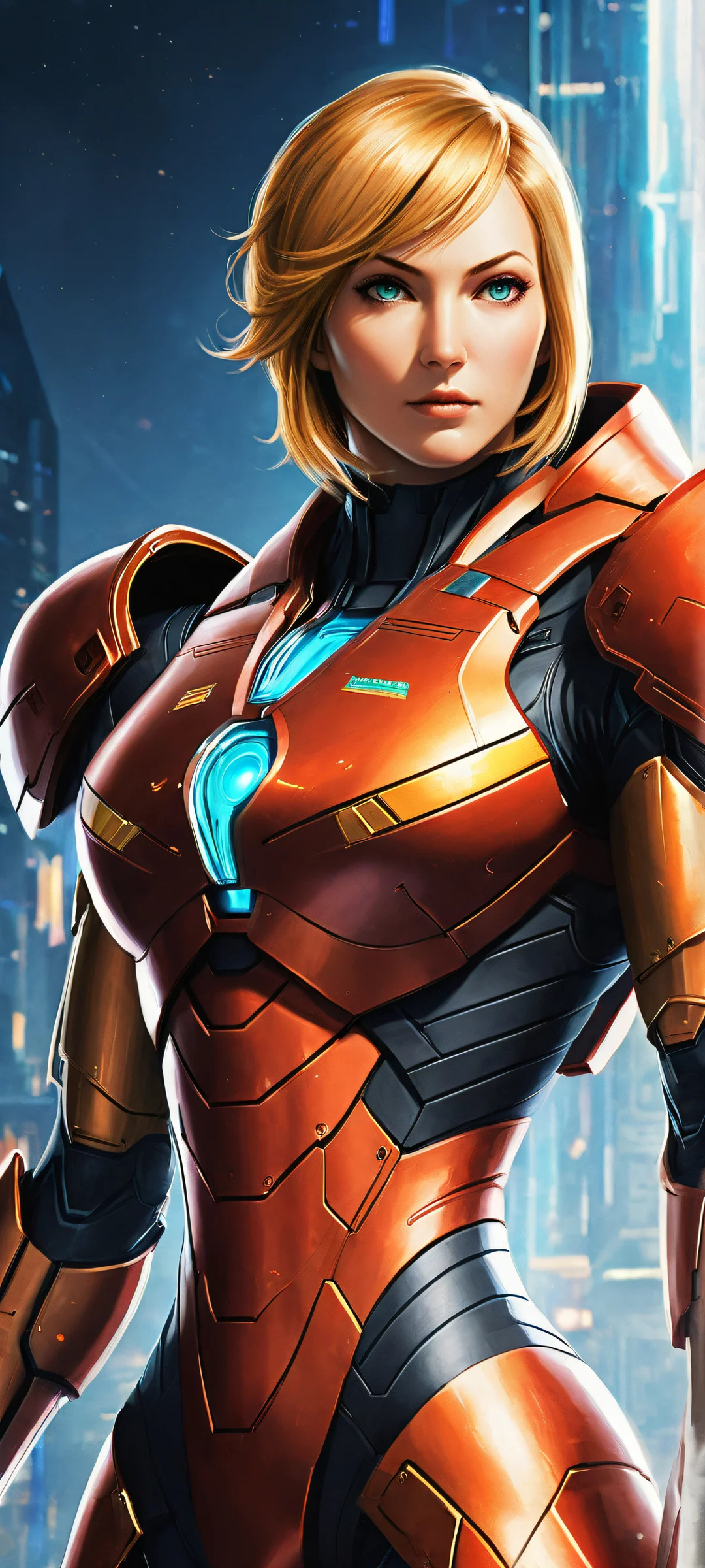 Vertical portrait of Samus Aran in her Power Suit, surrounded by intricate micro-details and a futuristic Metroidian landscape. Perfect for iPhone/Android home screens.