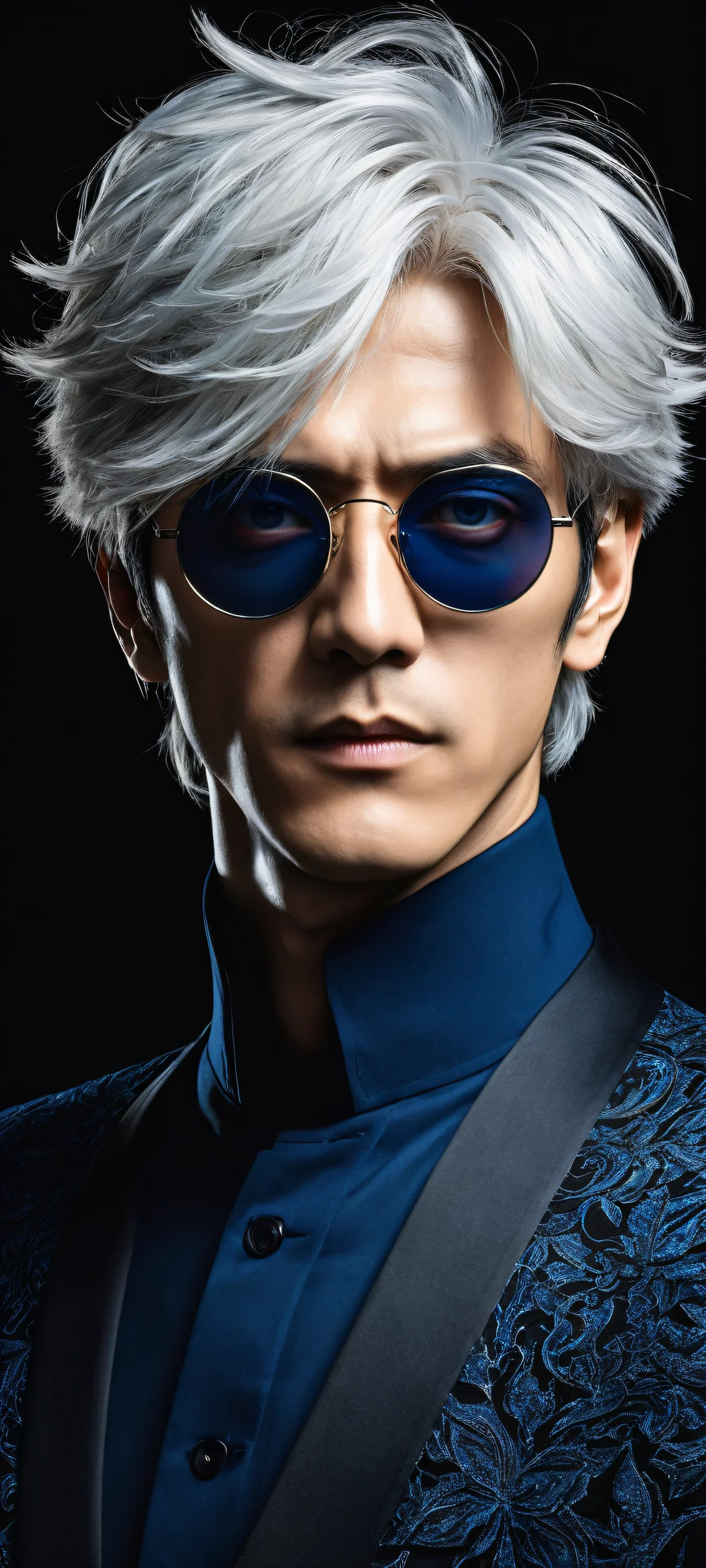 Breathtaking portrait of Satoru Gojo on iPhone/Android, showcasing his piercing blue eyes and detailed features, set against a sleek dark mode background with perfect blacks and luminescent accents.